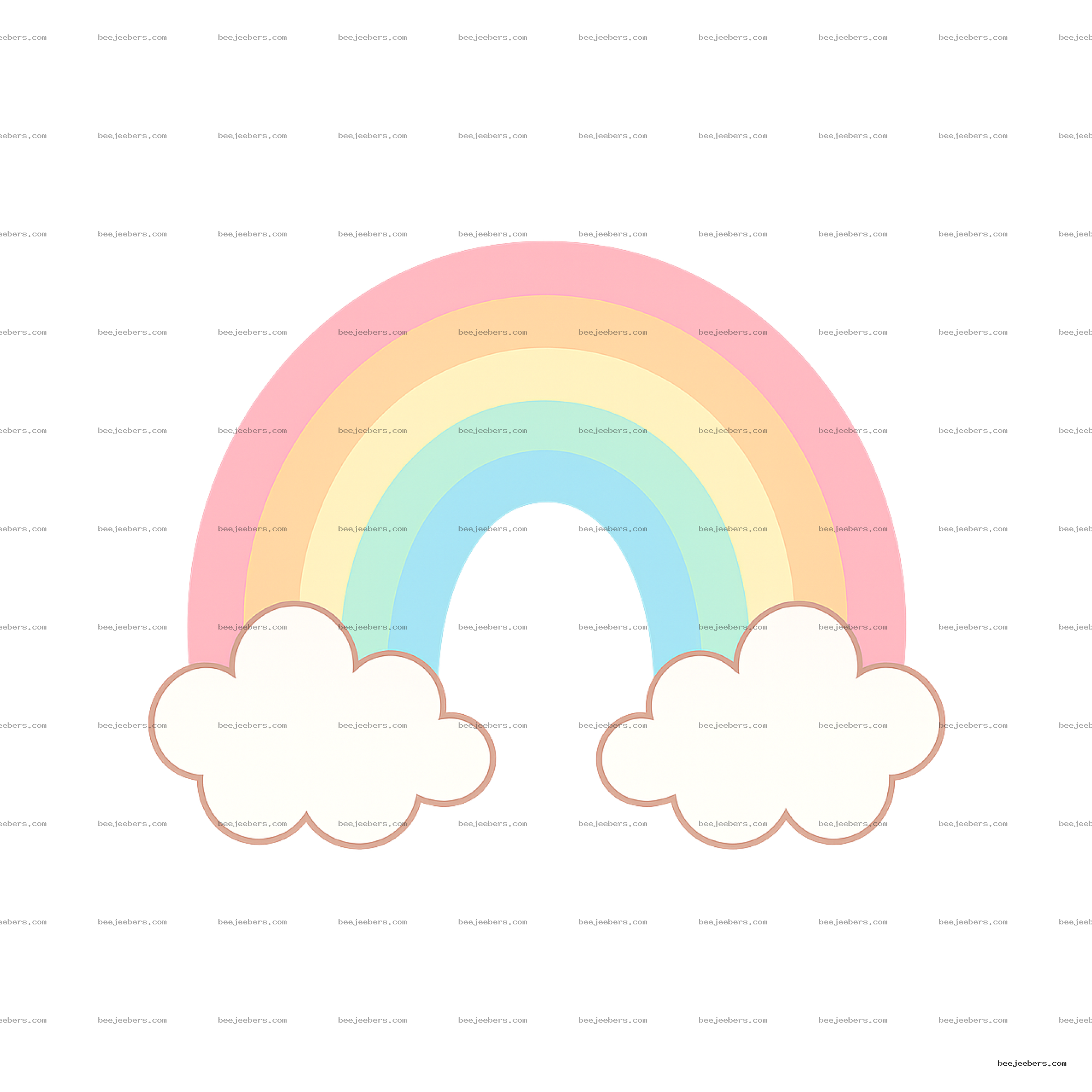 Pastel rainbow with soft pink, orange, yellow, green, blue arches and white clouds in a clear PNG