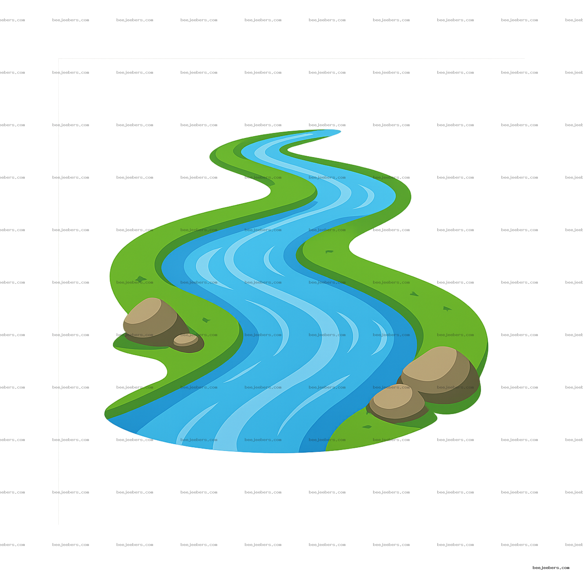 Clean vector illustration of a winding blue river with green banks and rocks on transparent background