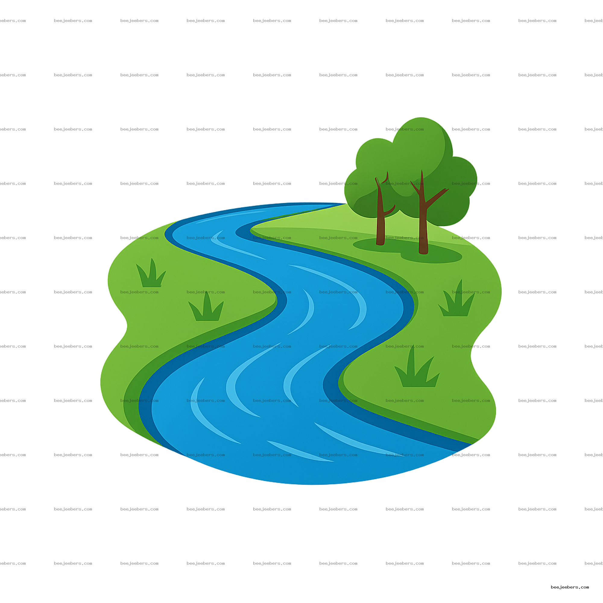 Vector PNG of blue winding river with green grassy land and two trees
