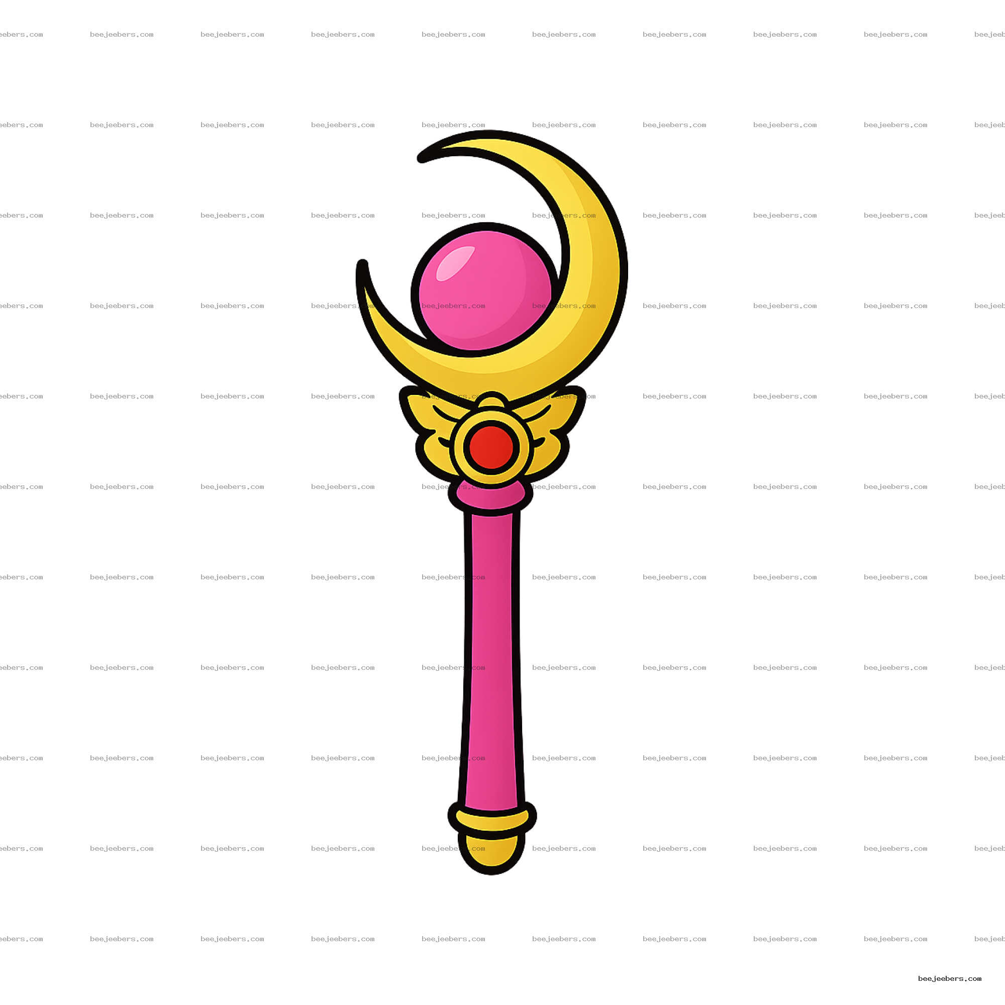 Pink magical wand with golden crescent moon and red gem clipart on transparent background