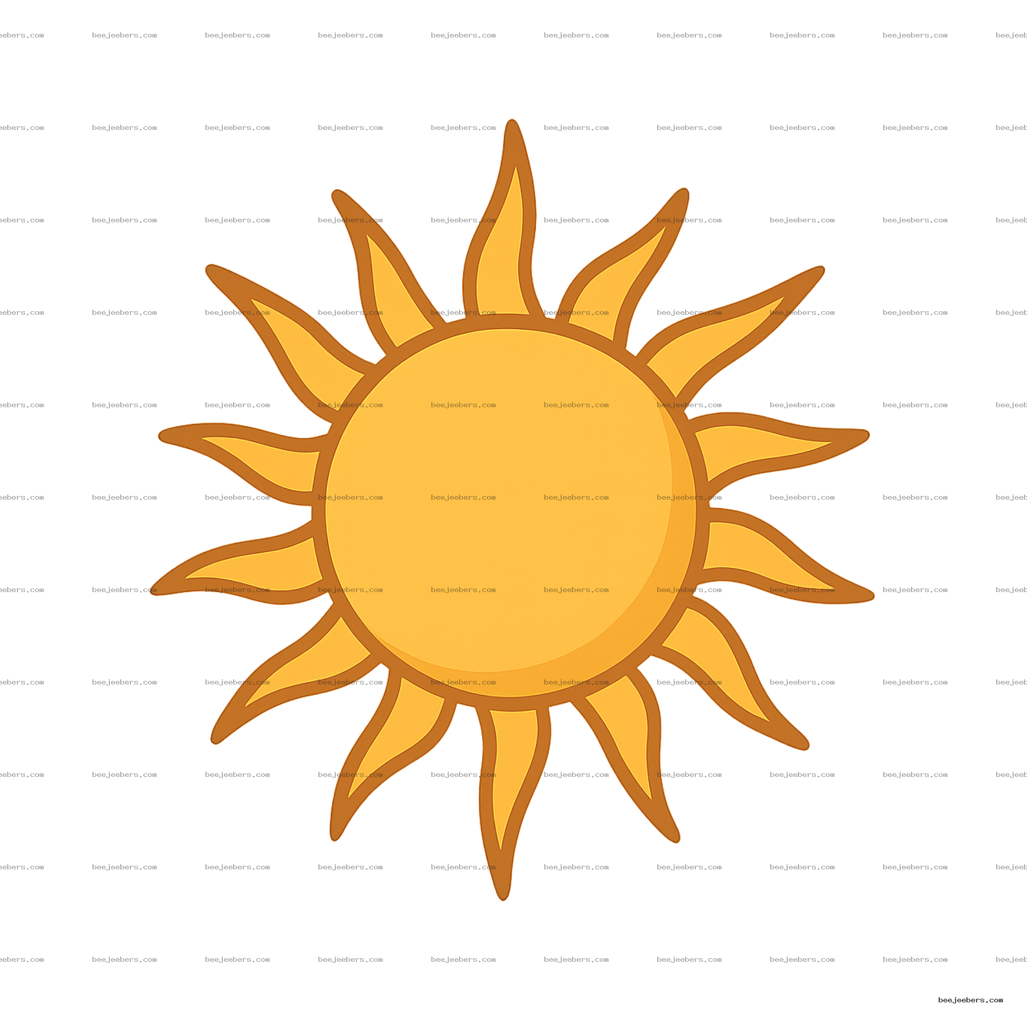 Stylized vector sun with wavy rays in yellow and orange on transparent background