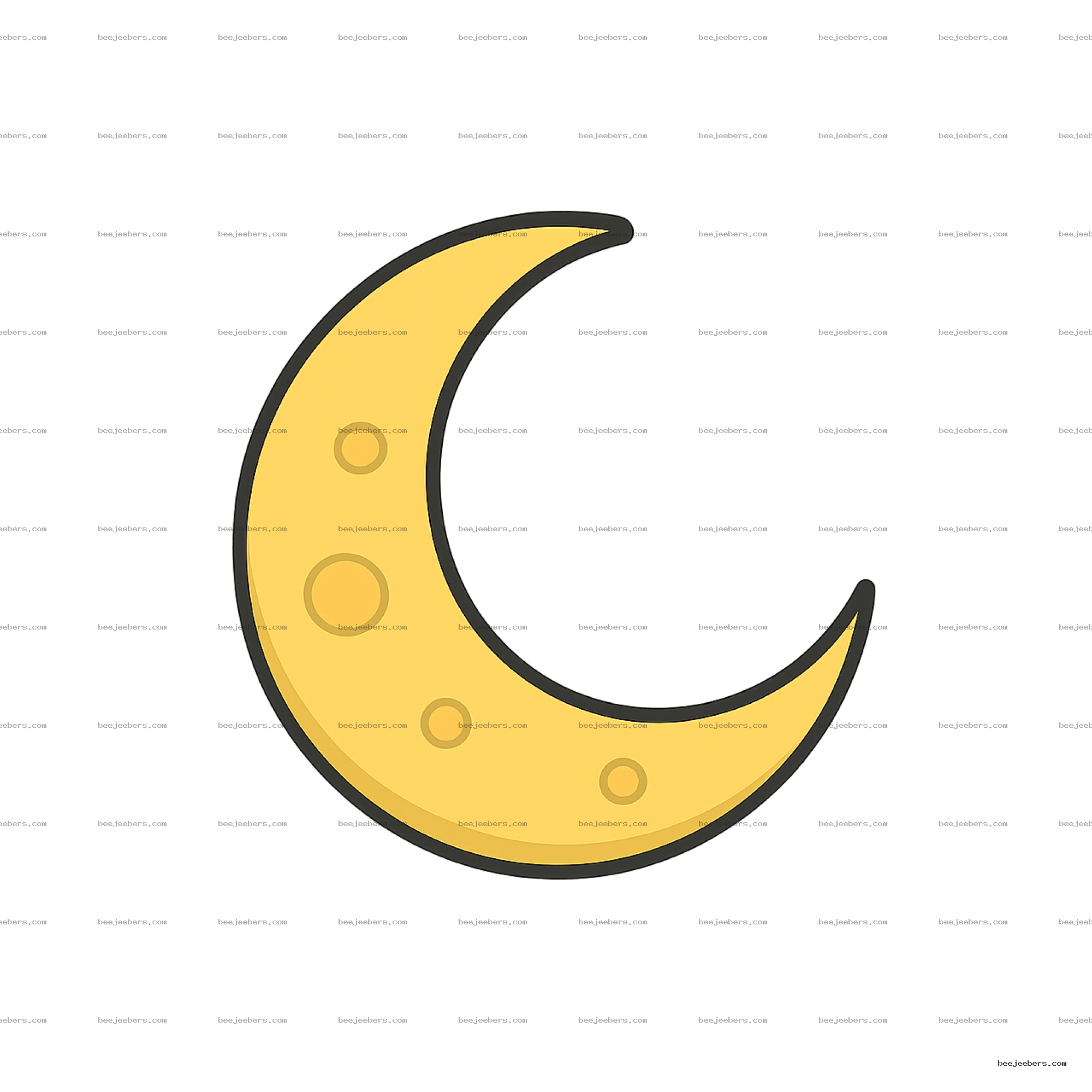 Yellow crescent moon with crater details in clean vector style on transparent background