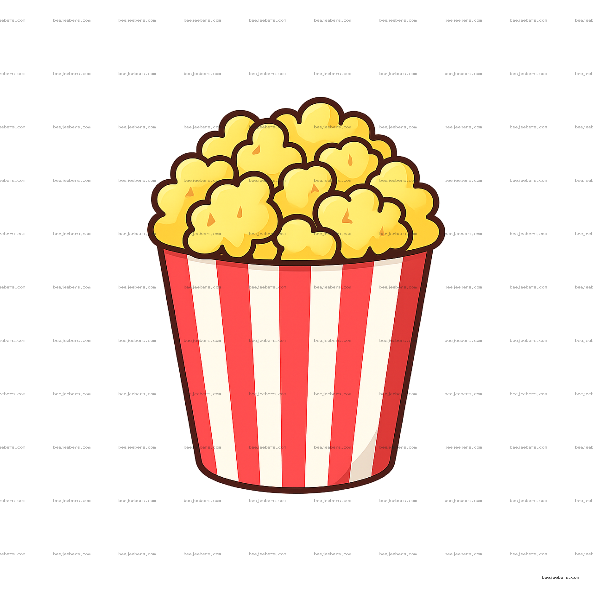Illustration of bright yellow popcorn in red and white striped container with transparent background