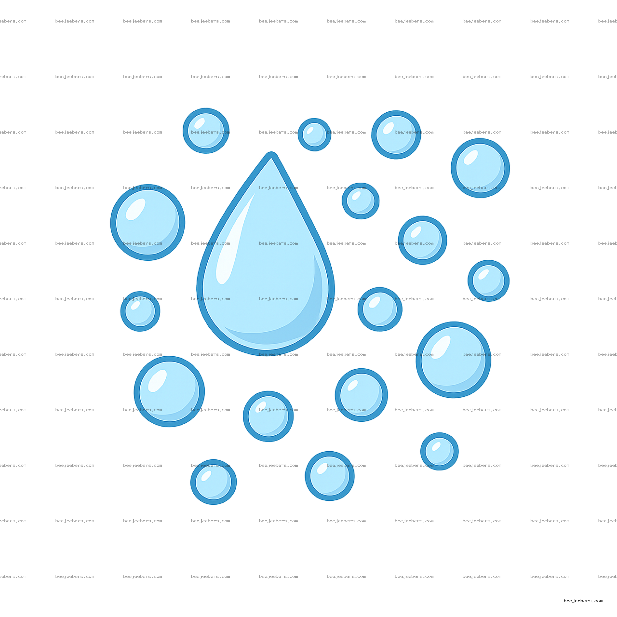 Vector illustration of a large blue water droplet surrounded by smaller droplets on transparent background