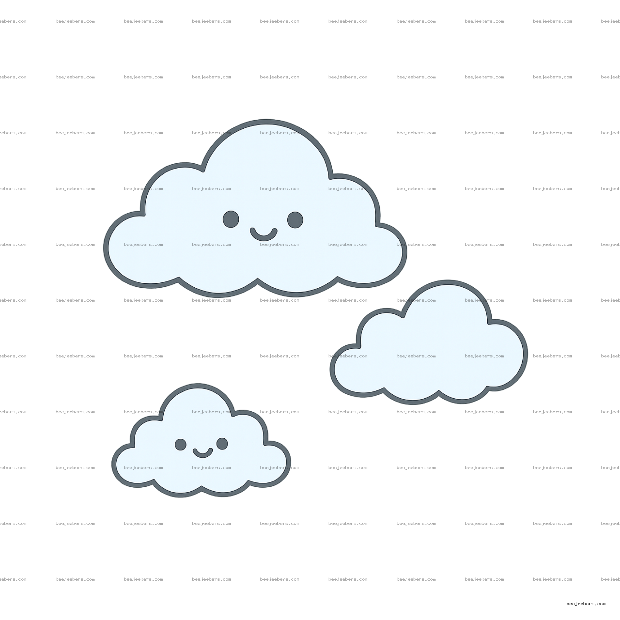 Cute light blue smiling clouds clipart with transparent background in clean vector style