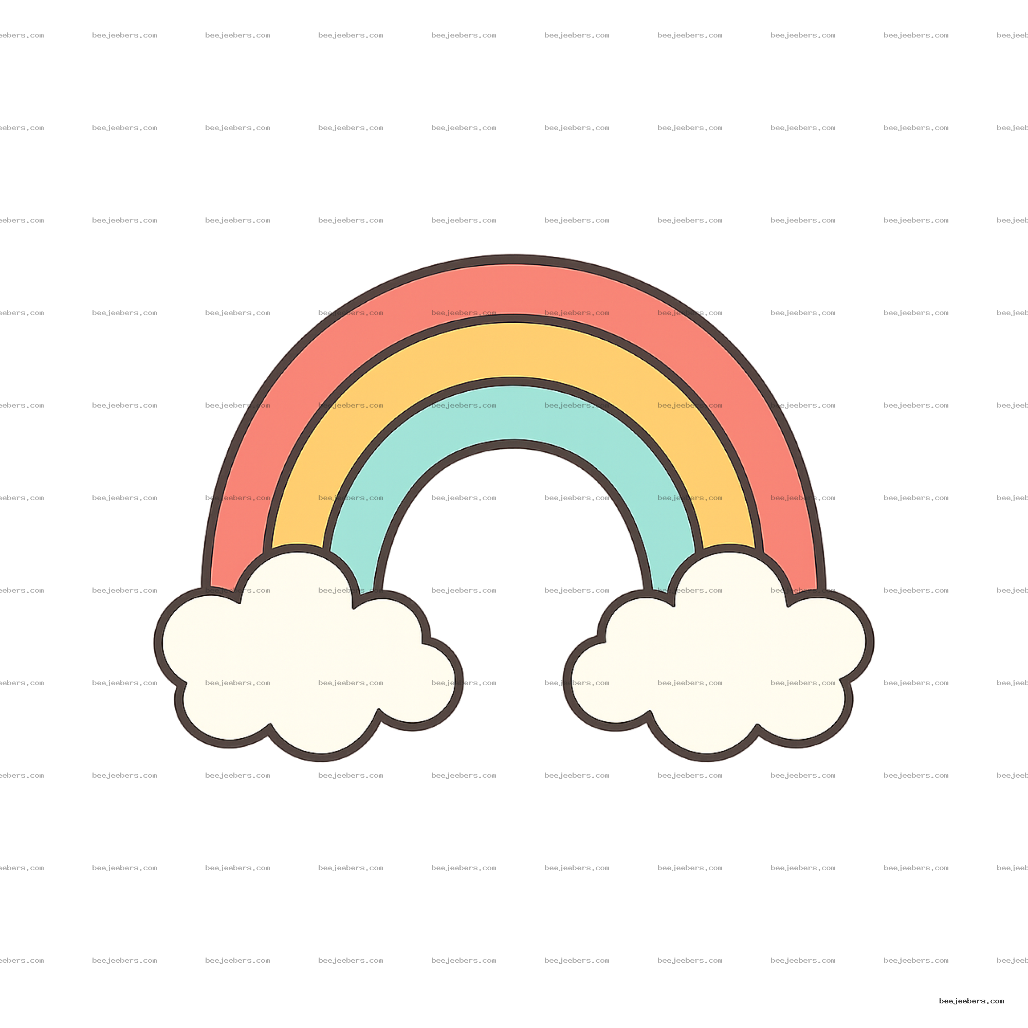 Cute pastel rainbow clipart with four arches and two fluffy clouds in clean vector style