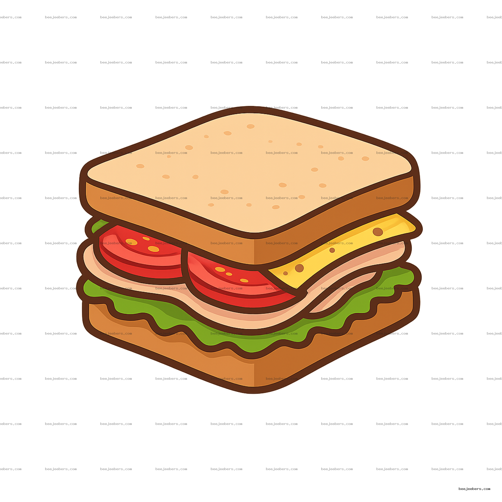 Clean vector sandwich PNG with lettuce, tomato, cheese, and deli meat on bread slices