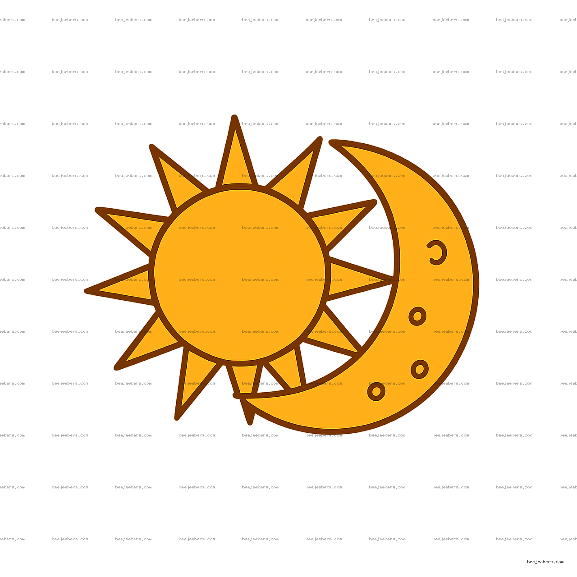 Orange sun with triangular rays and crescent moon with craters in clean vector style on transparent background