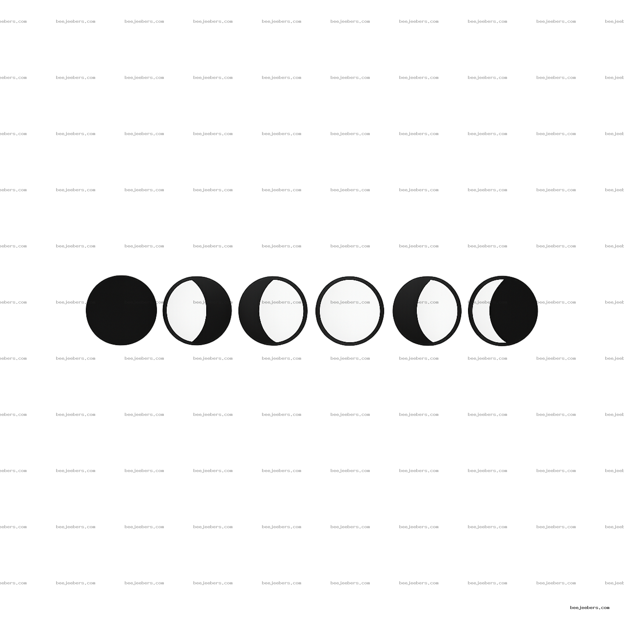 Vector illustration of six moon phases from new moon to full moon on transparent background.