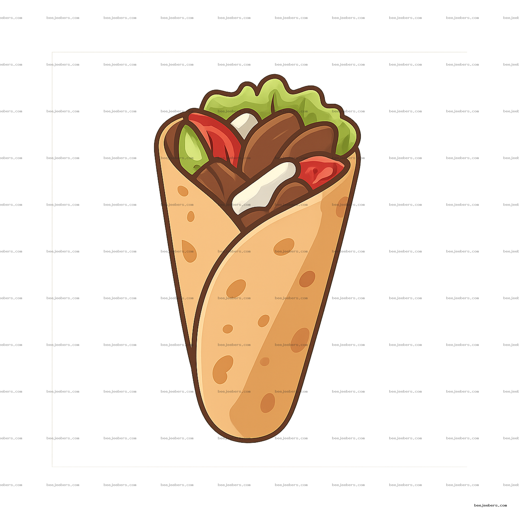 Vector illustration of a shawarma wrap with meat, lettuce, tomato, and sauce in a flatbread