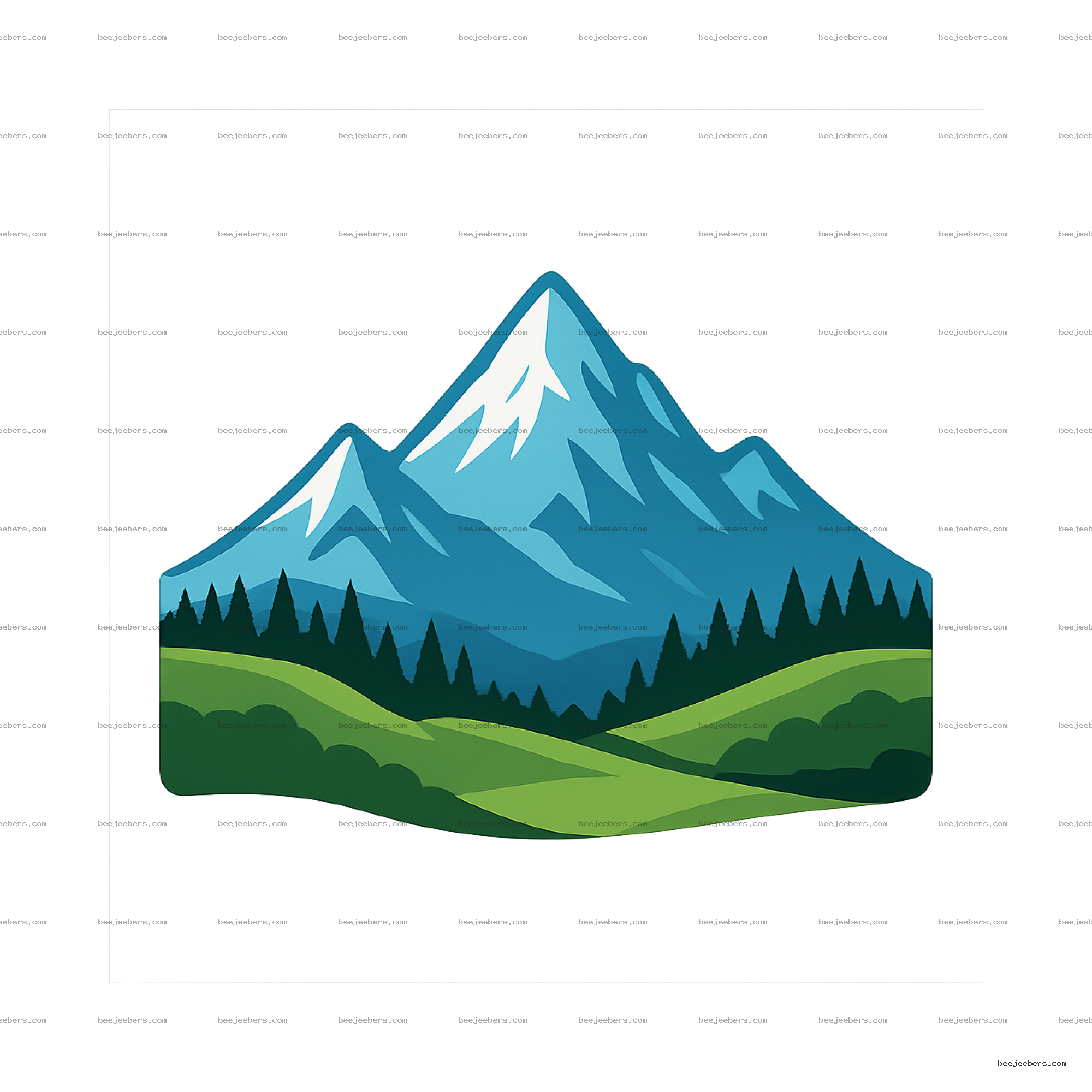 Clean vector PNG of a snow-capped mountain range with green hills and forest on transparent background