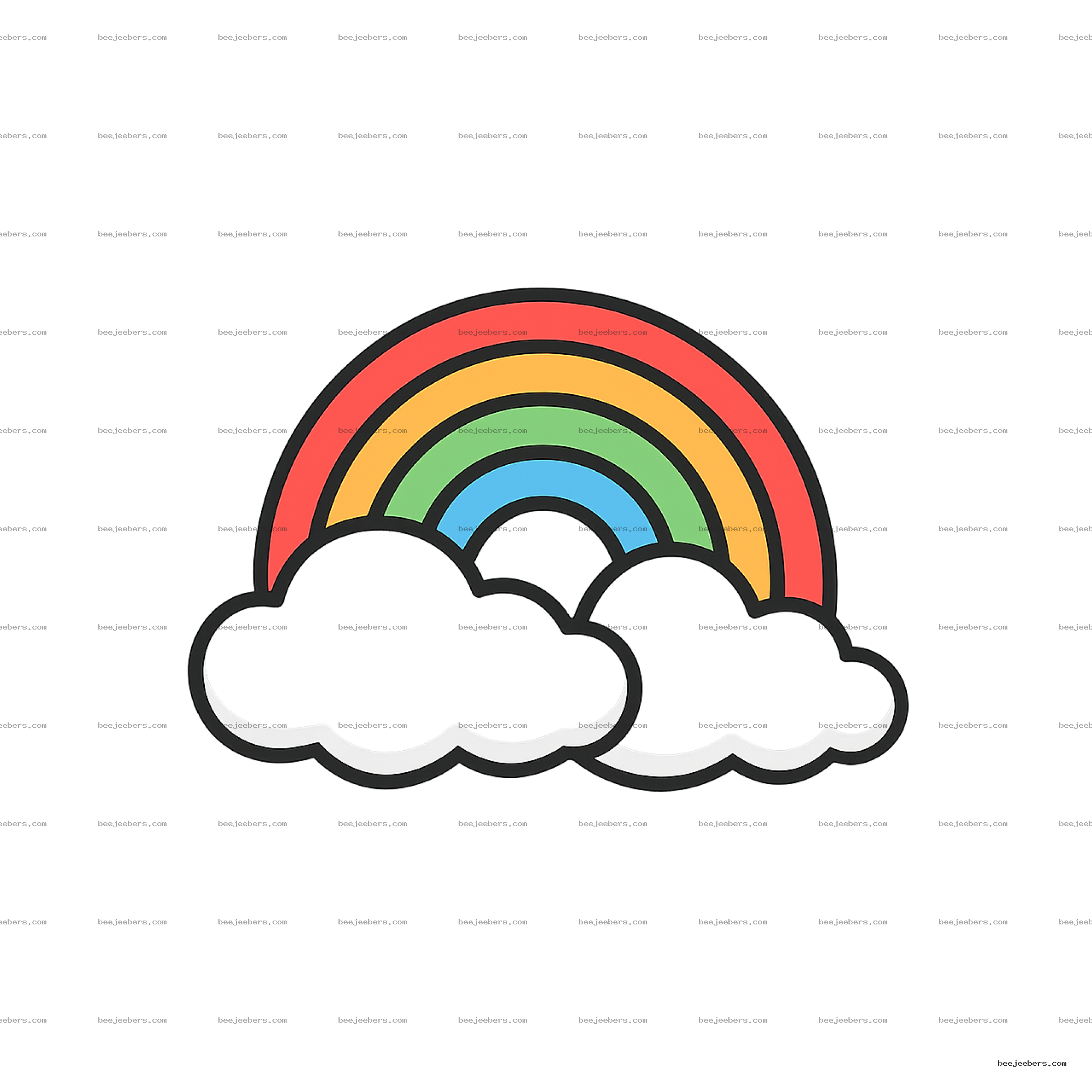 Clean vector rainbow with red, orange, yellow, green, blue bands and black outlined clouds on transparent background