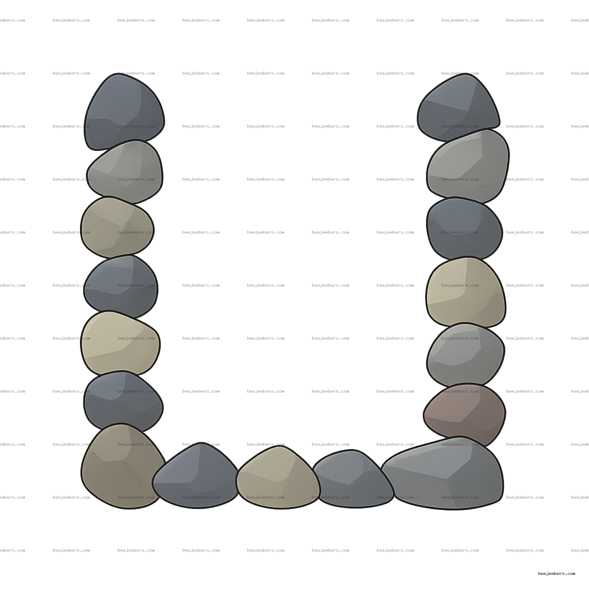 U-shaped digital vector rock border made of smooth stones in gray and beige on transparent background