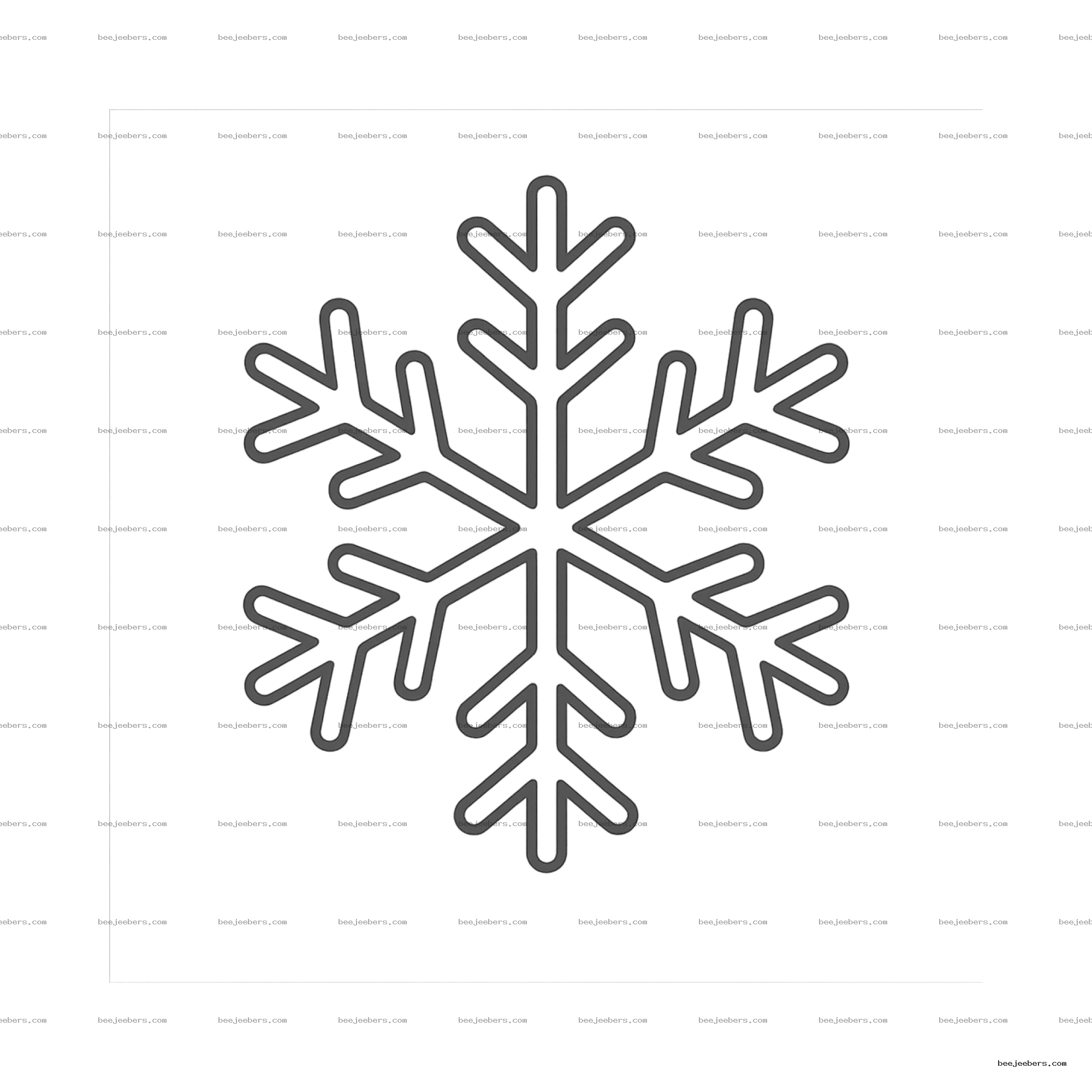 Clean black outline of symmetrical snowflake with six branches on transparent background