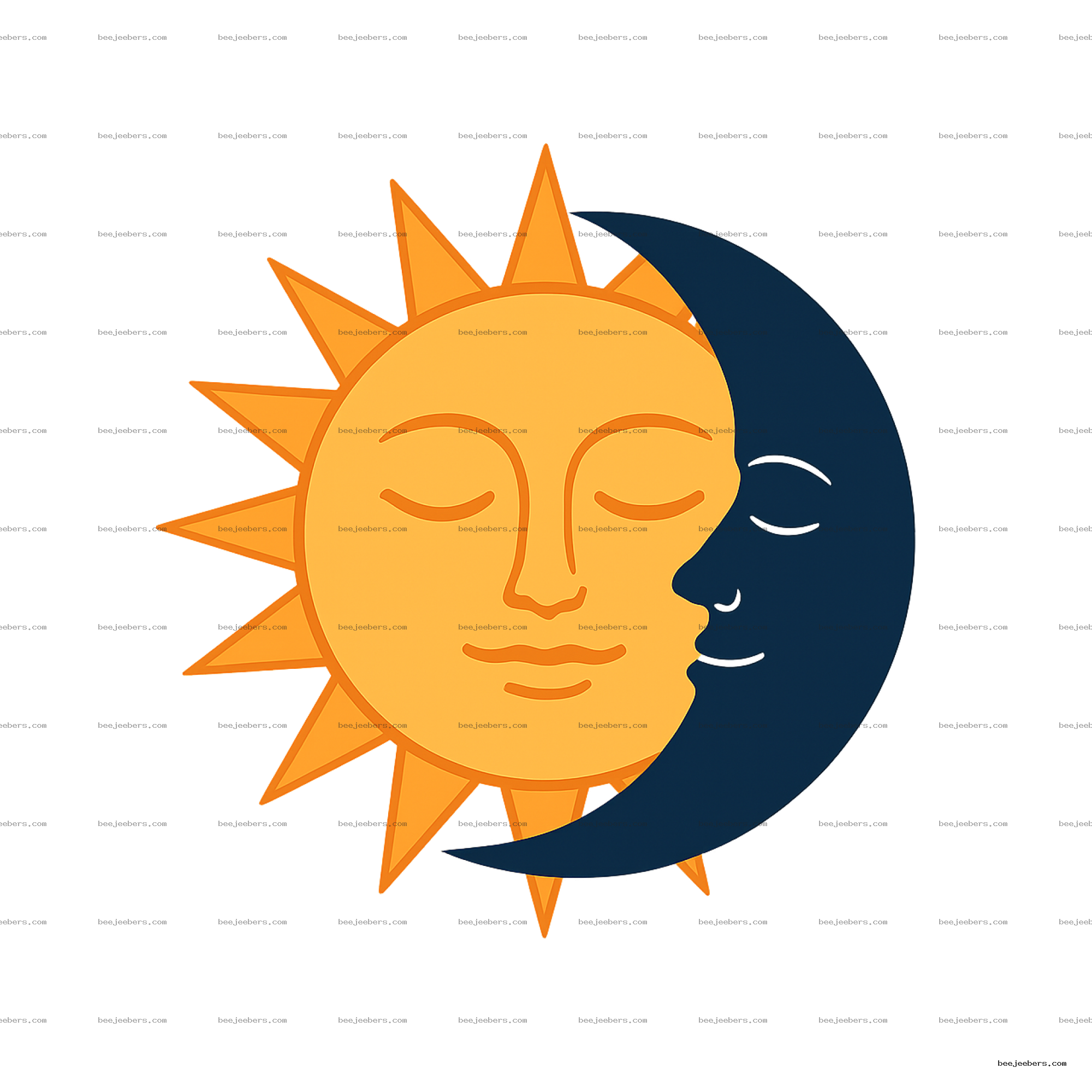 Vector illustration of a sun and crescent moon with calm faces in yellow-orange and dark blue, transparent background