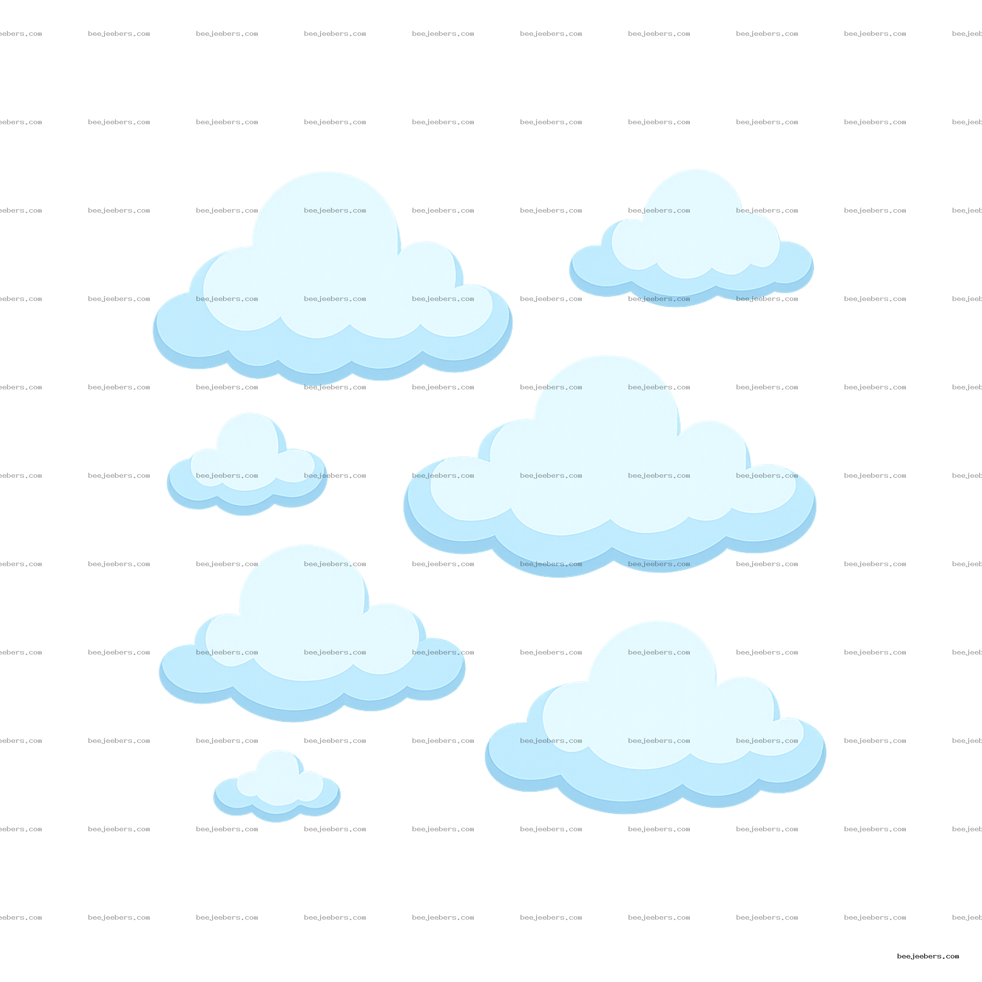 Set of light blue vector clouds with soft shadows on transparent background for digital design