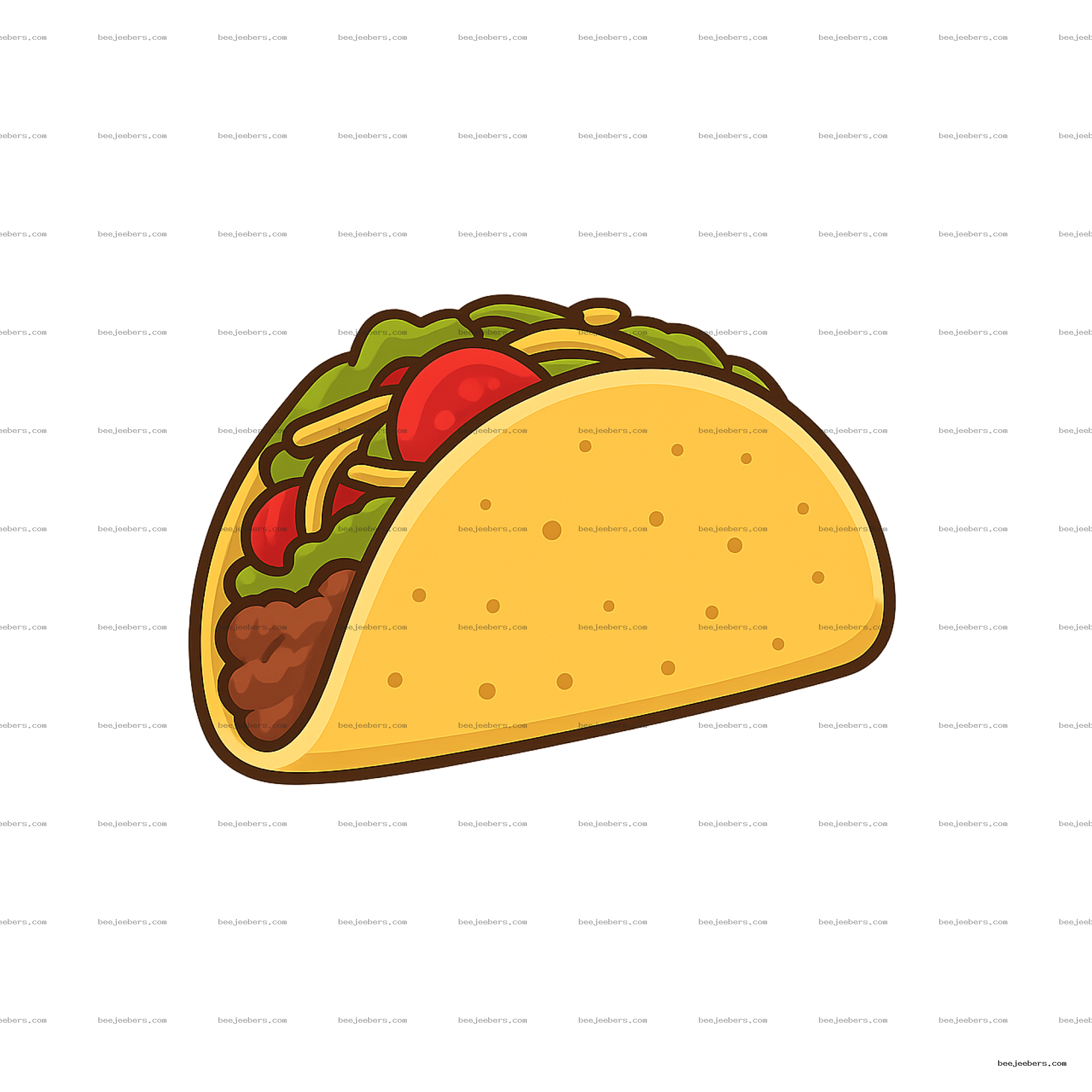 Clean vector illustration of a taco with meat, lettuce, tomato, and cheese on a yellow shell with transparent background