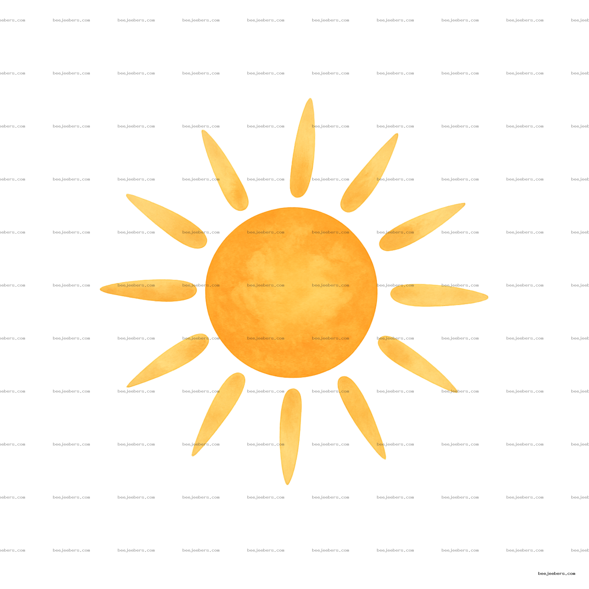 Watercolor sun with elongated rays in bright orange tones on transparent background
