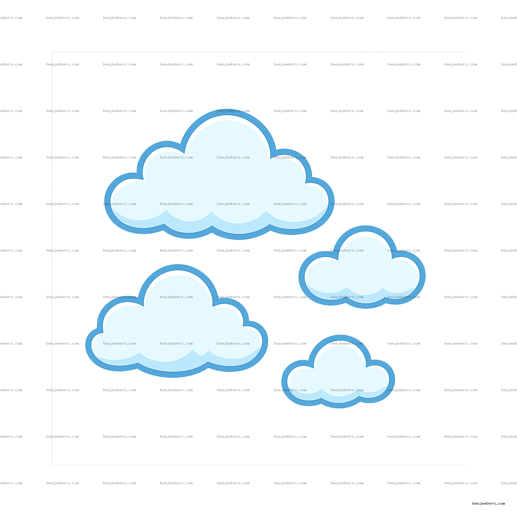 Set of five clean vector 2D light blue clouds with medium blue outlines on transparent background