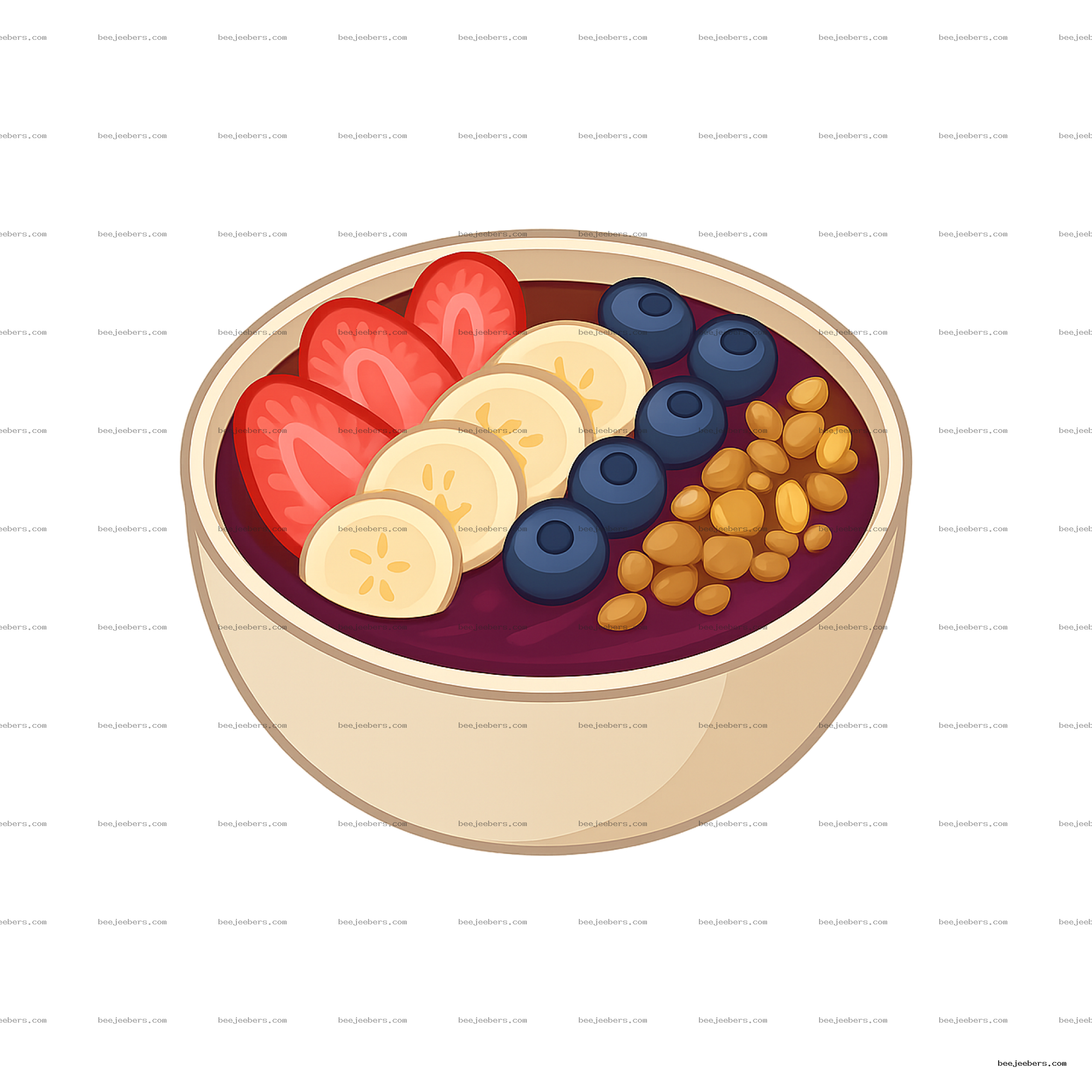 Vector illustration of acai bowl topped with strawberry, banana, blueberry, and granola clusters on transparent background