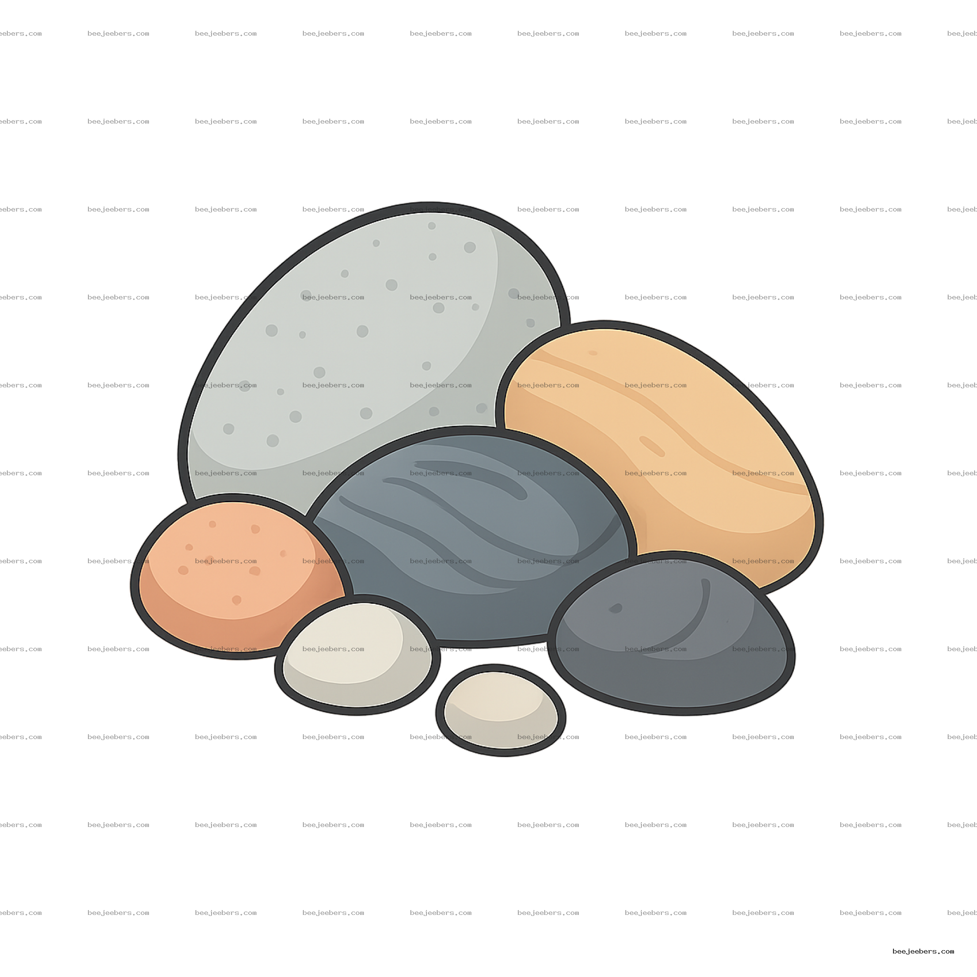 Clean vector illustration of stacked smooth beach rocks in neutral colors with transparent background