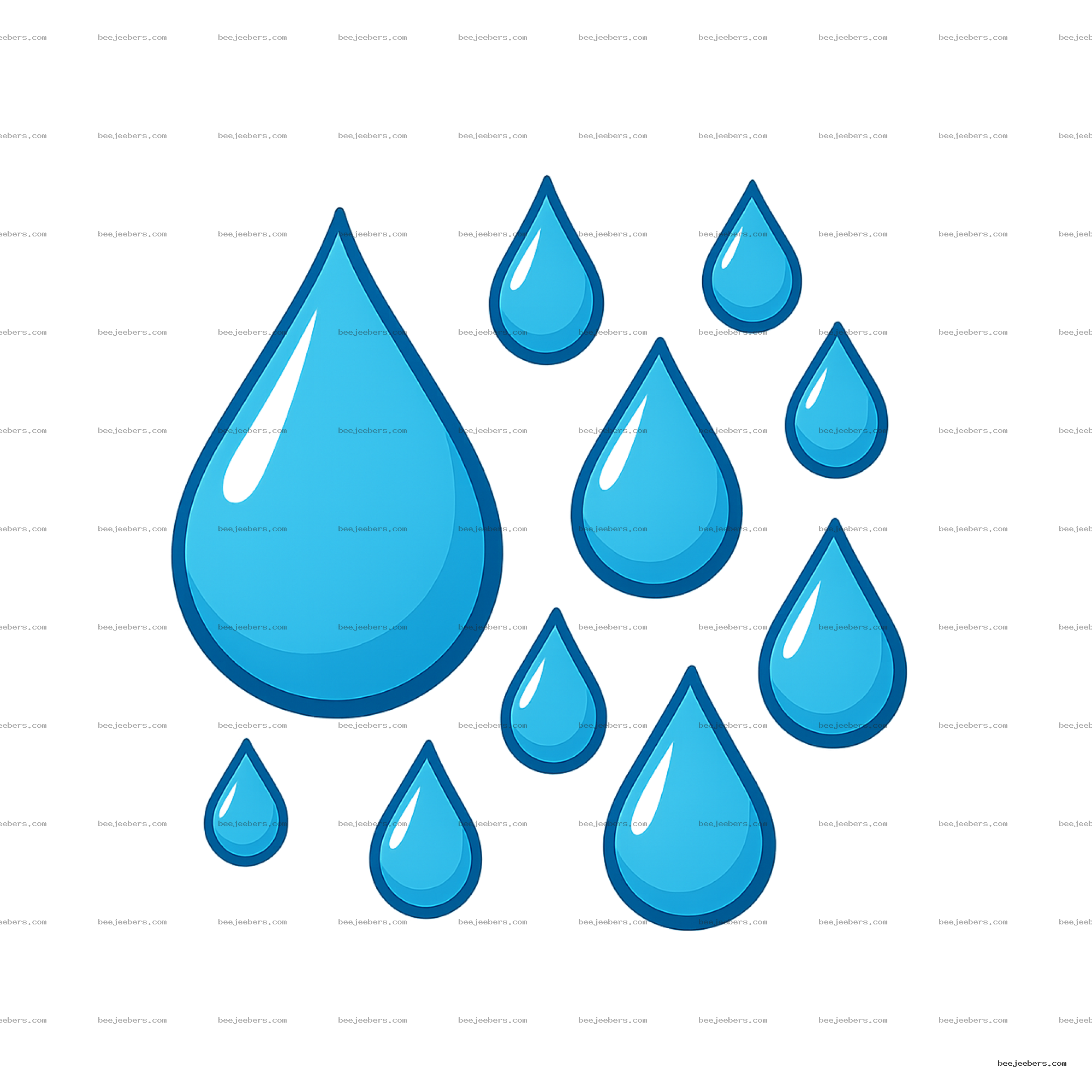 Clean vector blue water drops in various sizes with shiny highlights on transparent background