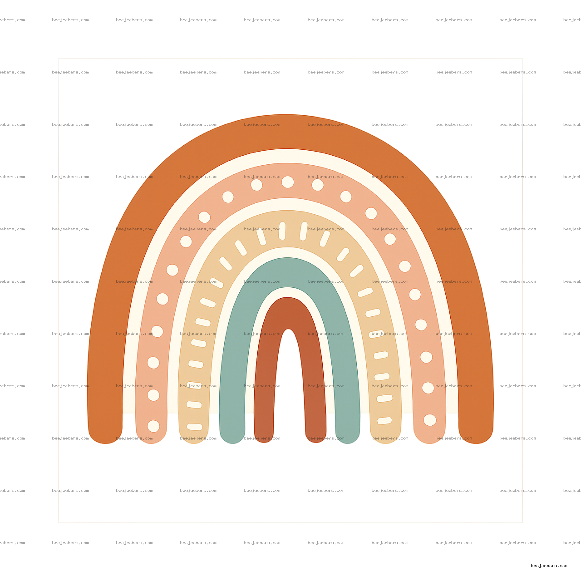 Minimalist boho style rainbow with earthy toned arches and decorative dots on transparent background