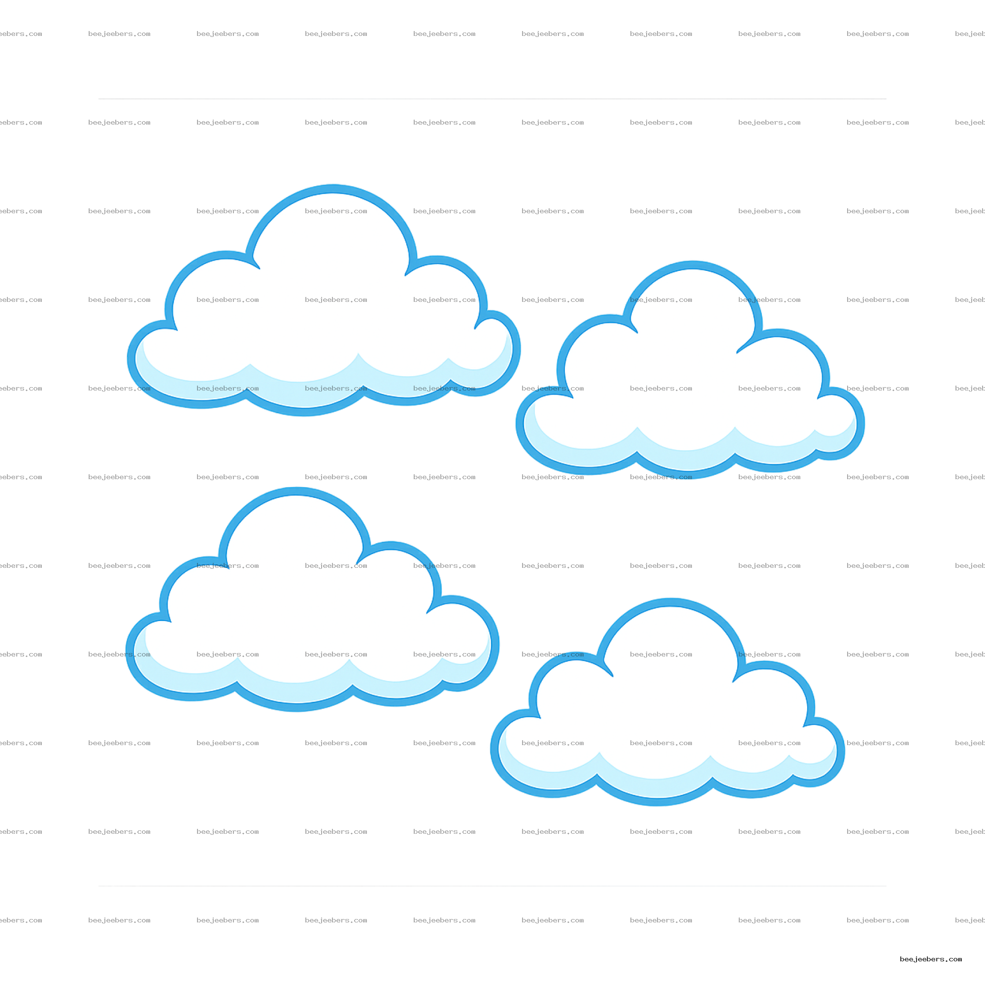 Five clean vector cartoon clouds with blue outlines on transparent background