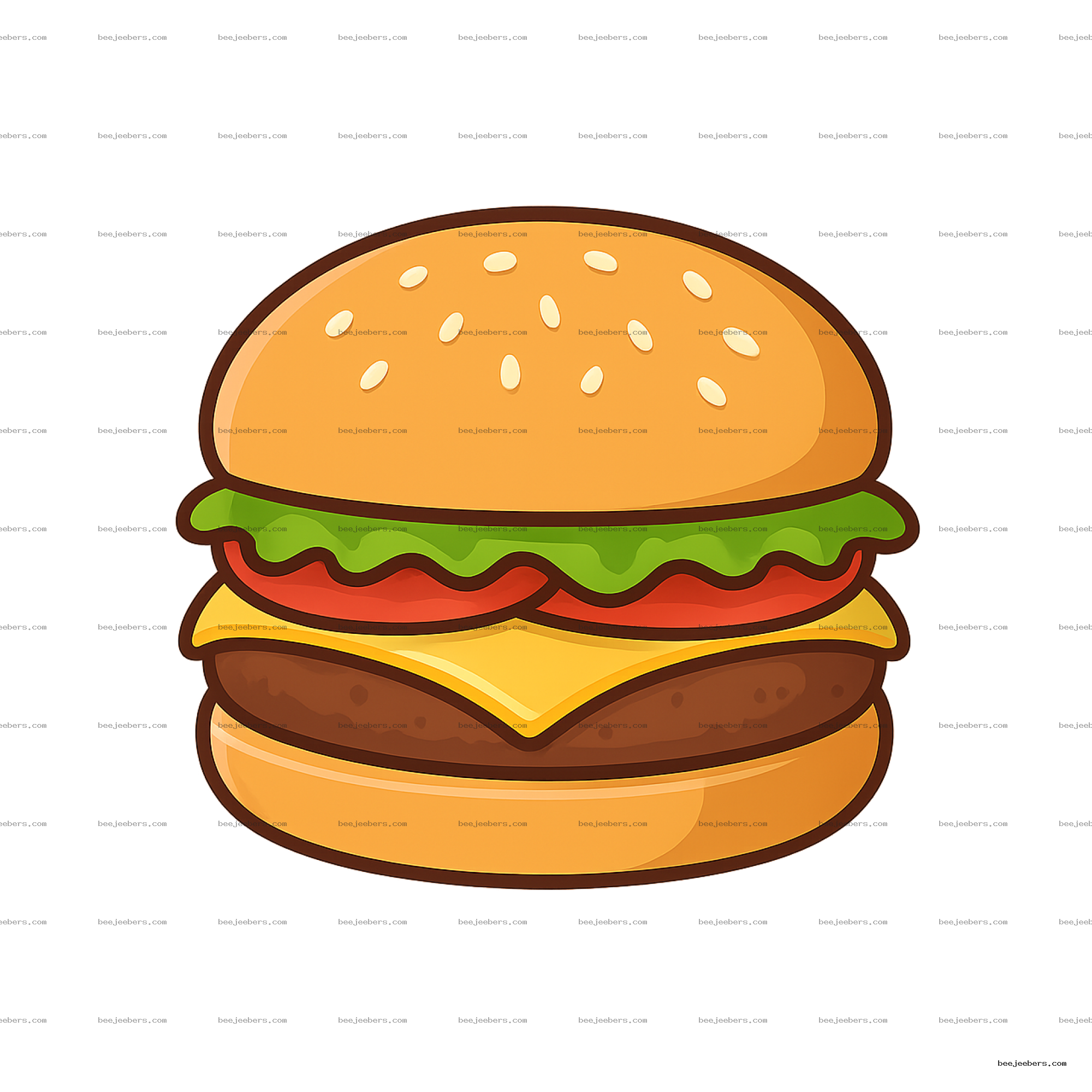 Clean vector cheeseburger clipart with sesame bun, lettuce, tomato, cheese, and patty on transparent background