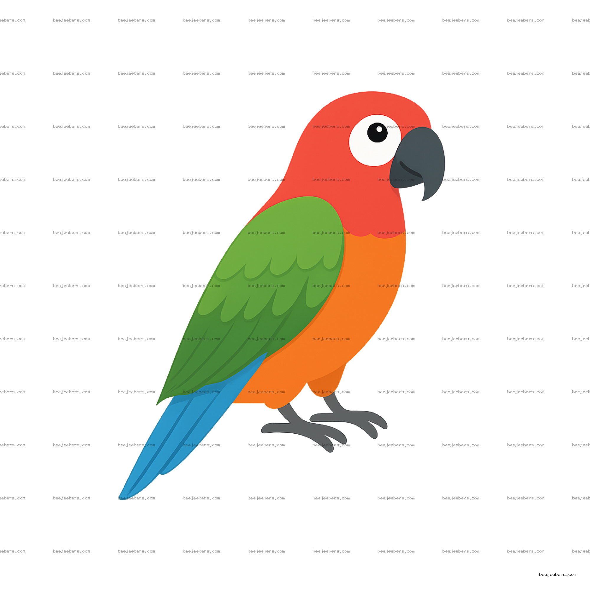 Colorful parrot vector with red head, green wings, and blue tail on transparent background