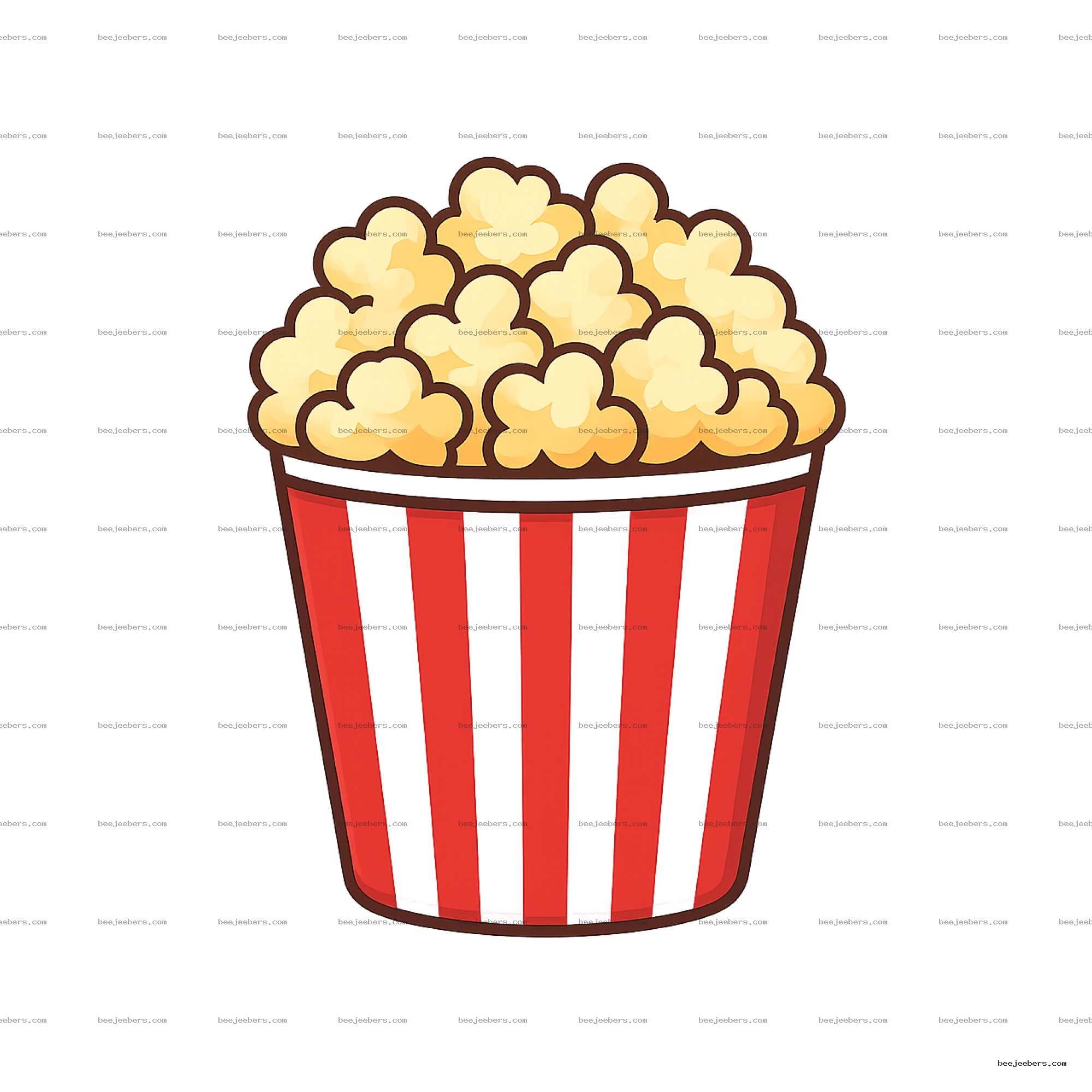 Clean vector illustration of popcorn in a red and white striped container with transparent background