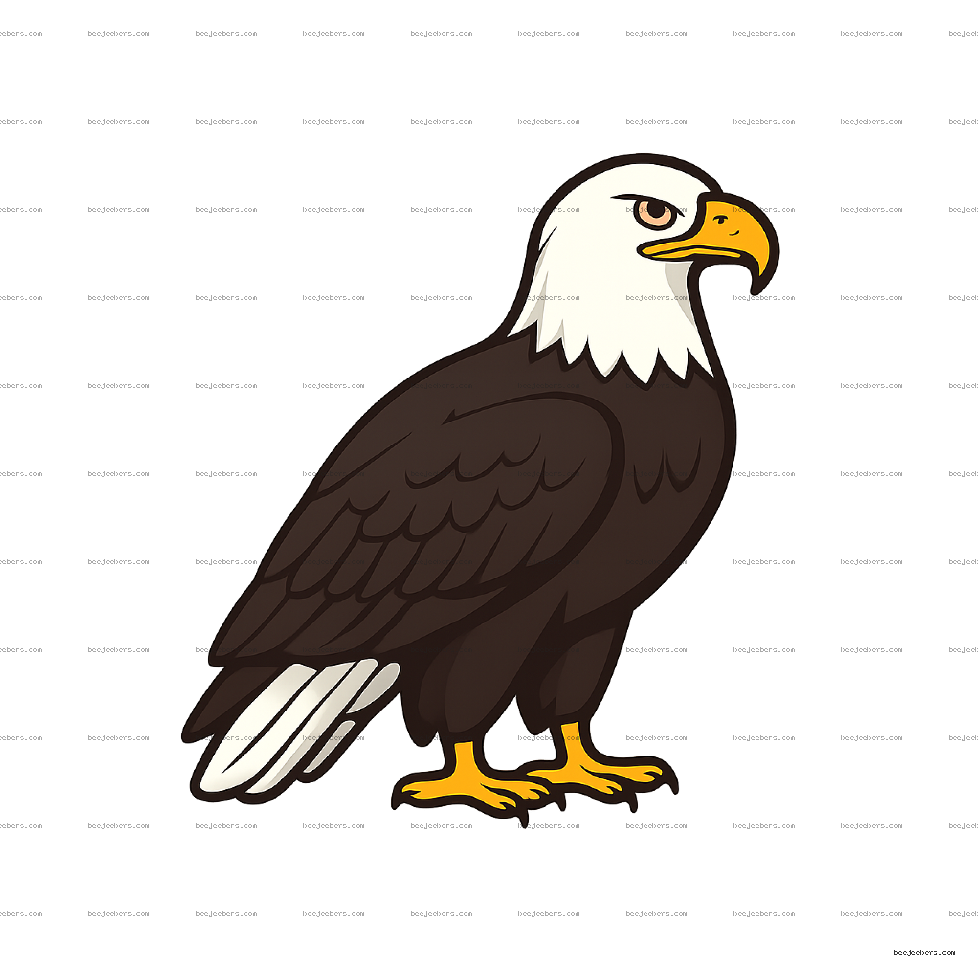 Clean vector illustration of a bald eagle with white head, brown body, yellow beak and talons on transparent background