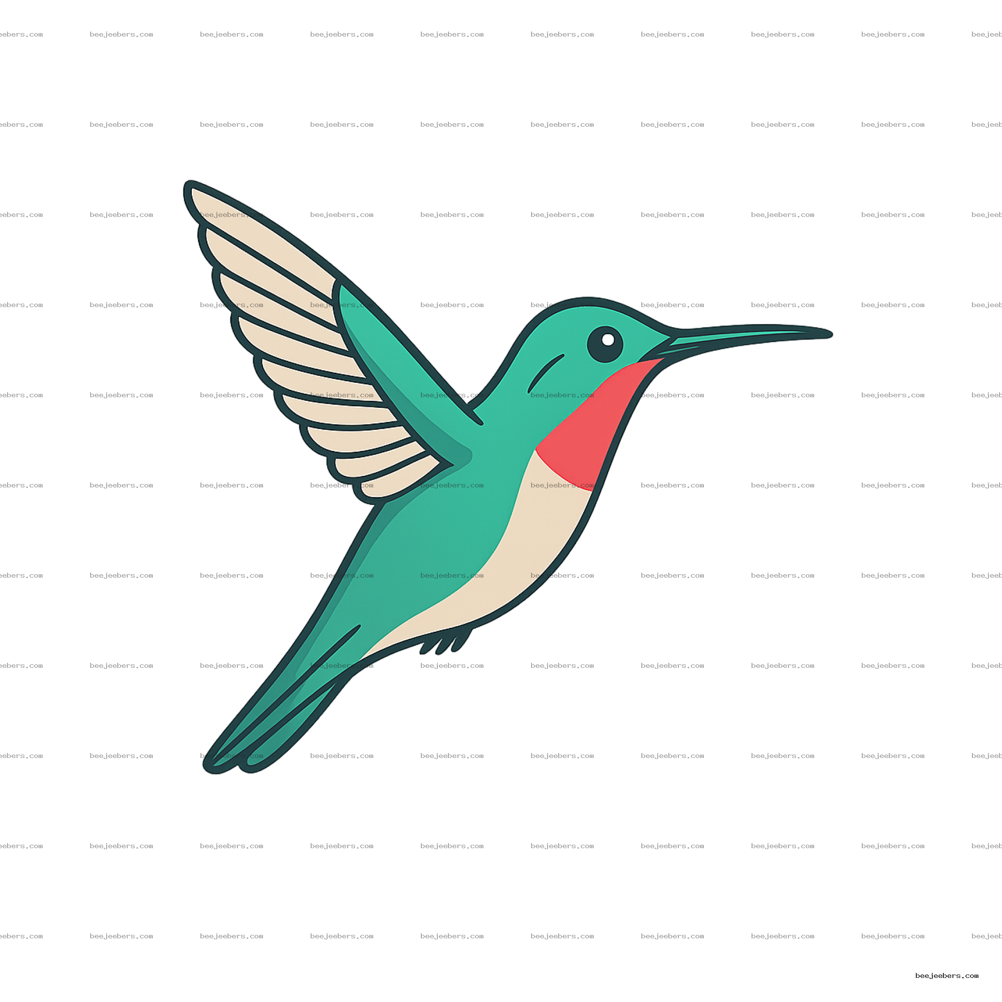 Clean vector illustration of a colorful hummingbird with teal and red colors in flight on transparent background