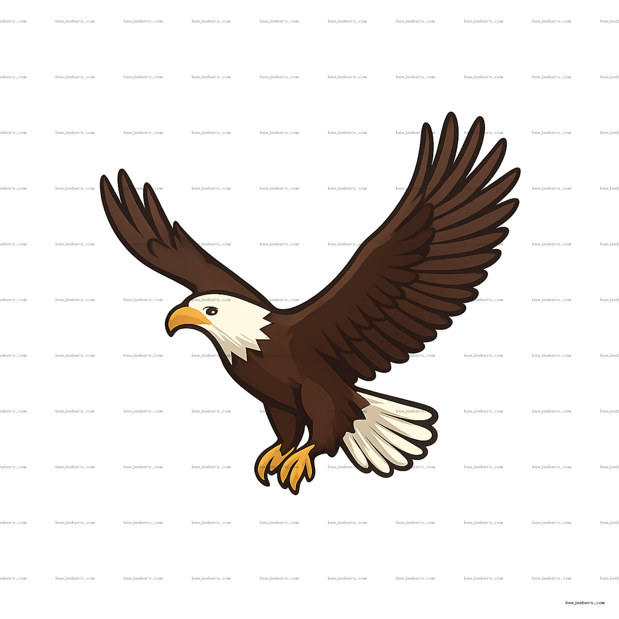 Vector illustration of a flying bald eagle with wings spread and talons extended on transparent background