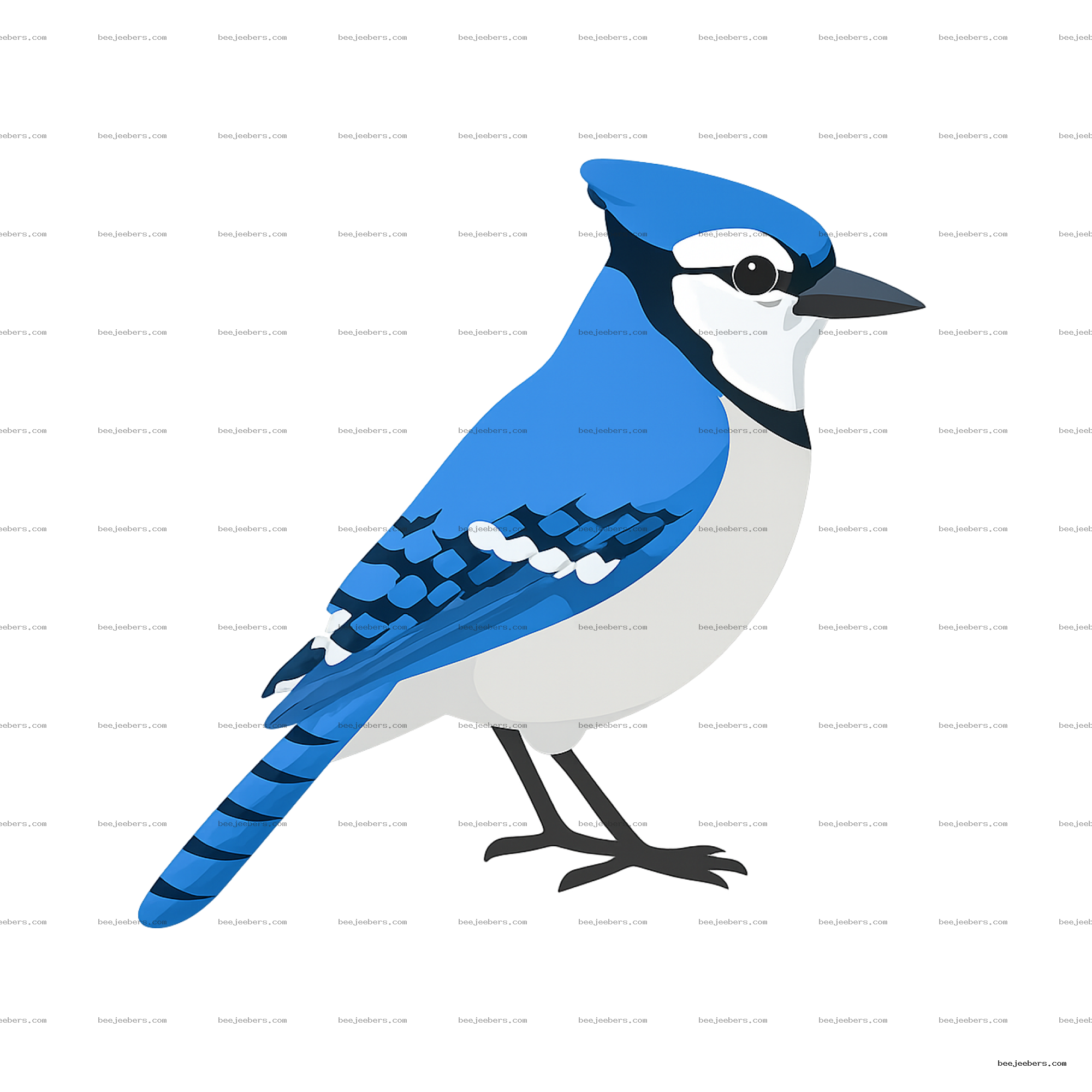 Clean vector illustration of a blue jay bird with blue, white, and black feathers in side profile on transparent background