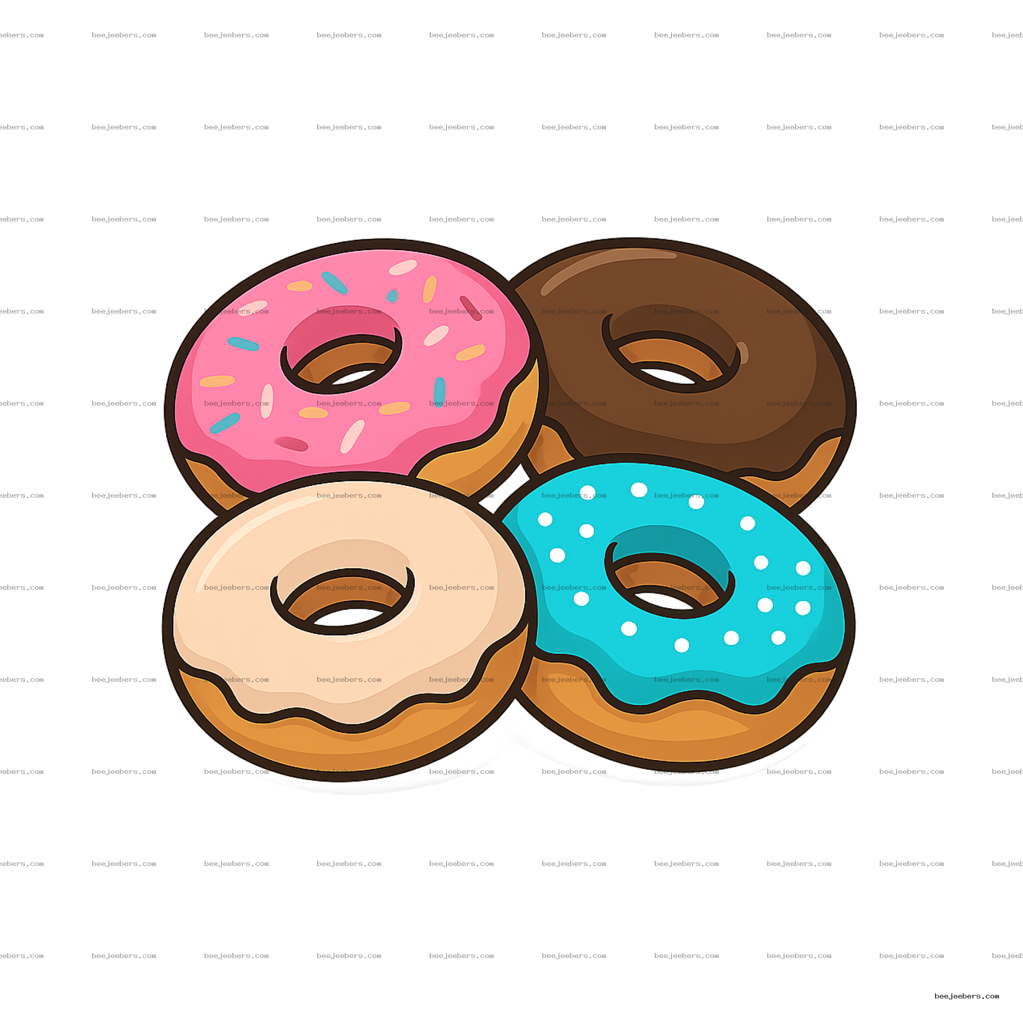 Four colorful frosted donuts with sprinkles in pink, chocolate, beige, and blue icing in a transparent PNG