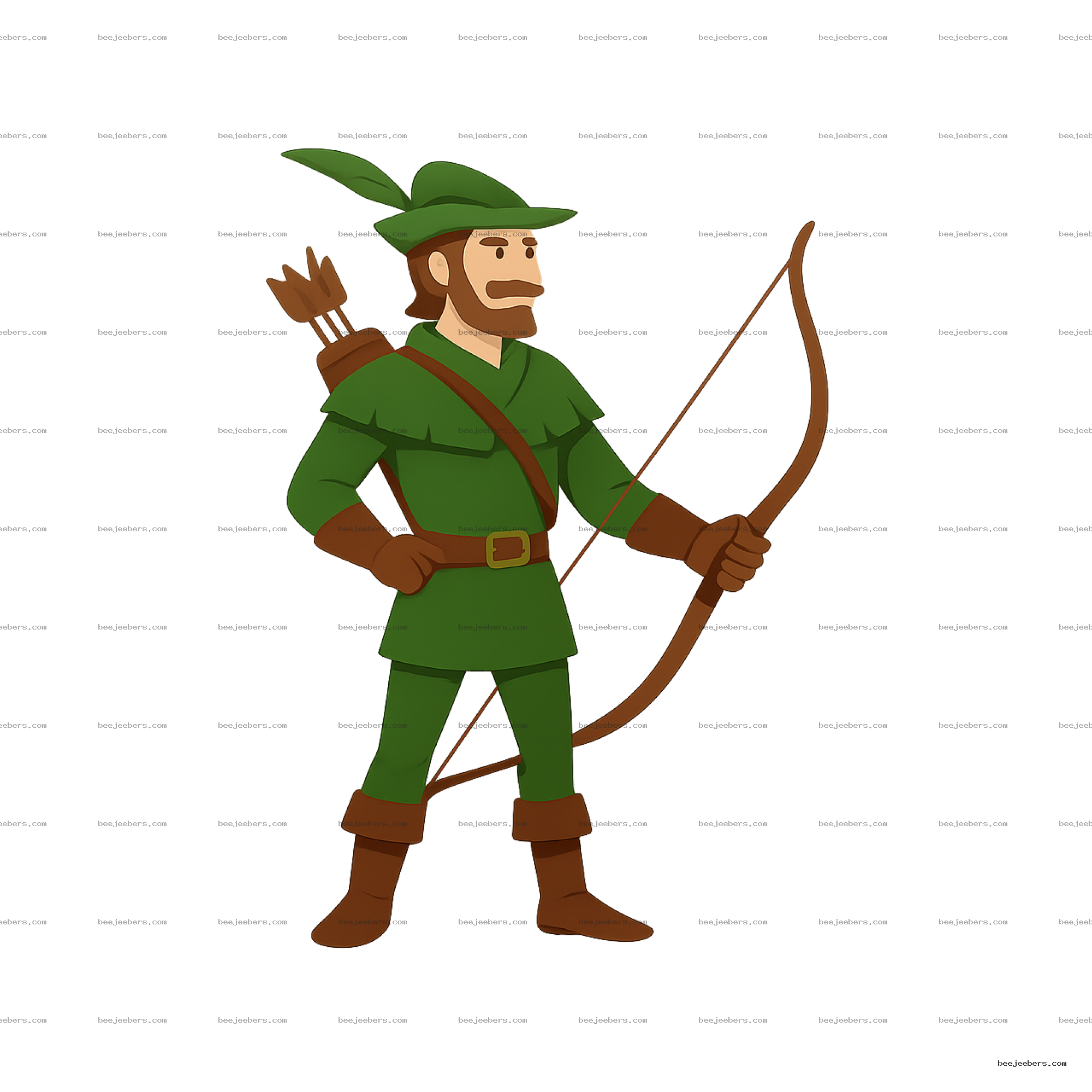 Clean vector illustration of Robin Hood holding a bow and wearing green outfit with quiver of arrows