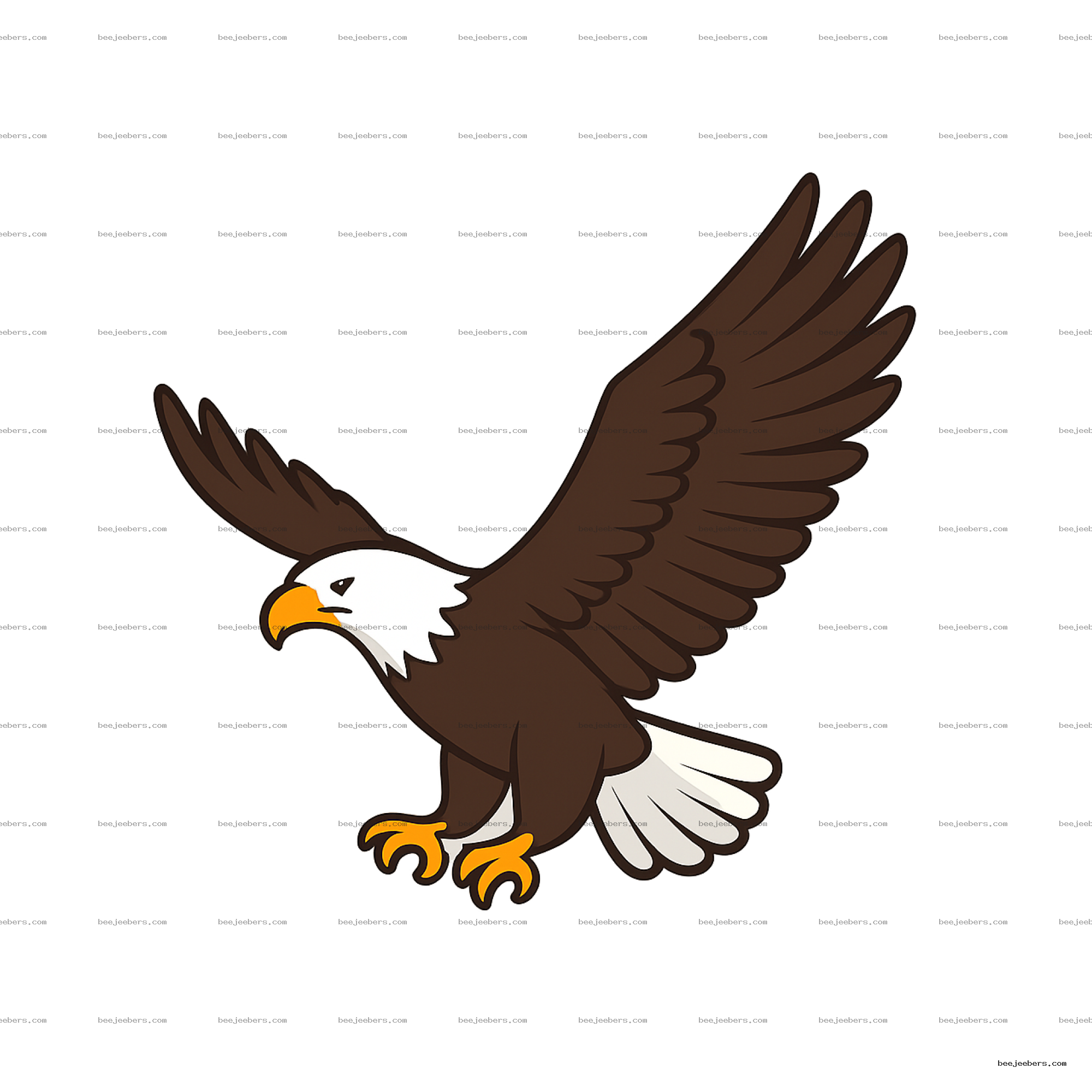 Vector image of bald eagle flying with brown wings spread, white head and tail, orange beak and talons on transparent background