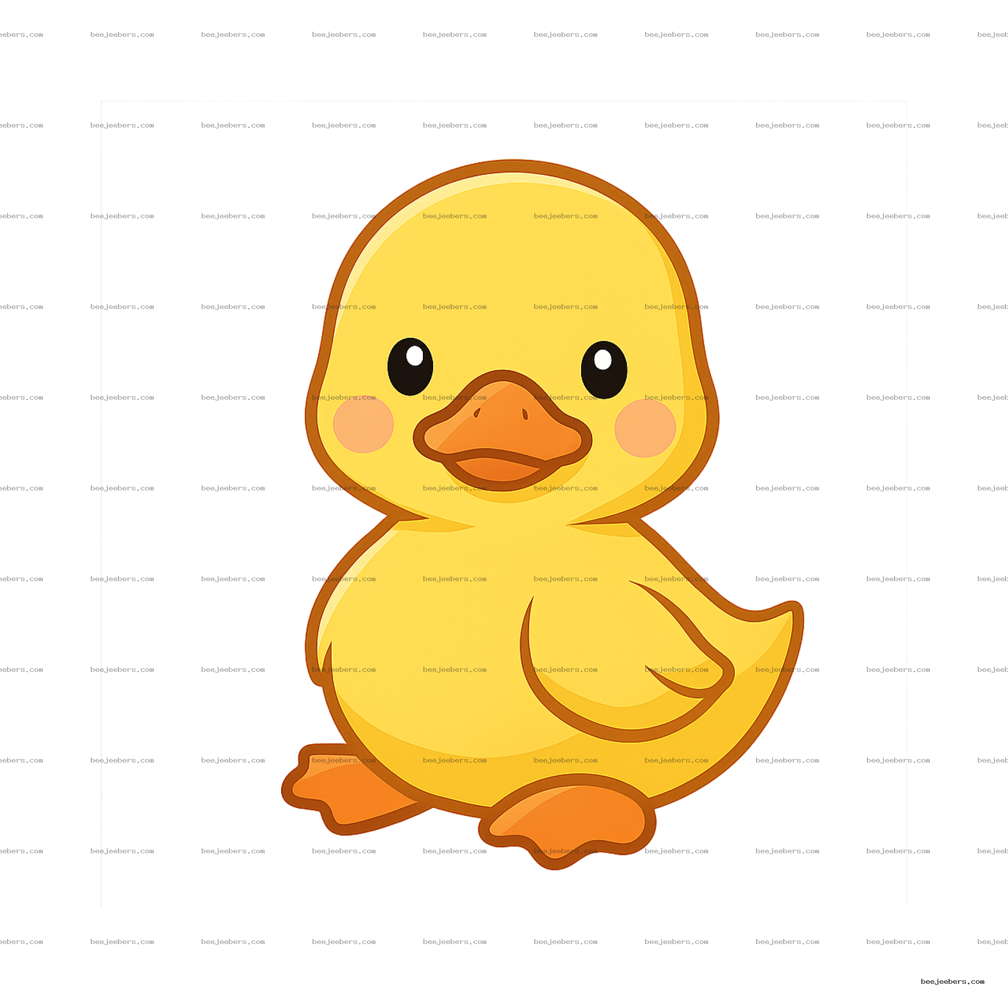 Cute yellow cartoon duck with orange beak and feet on transparent background