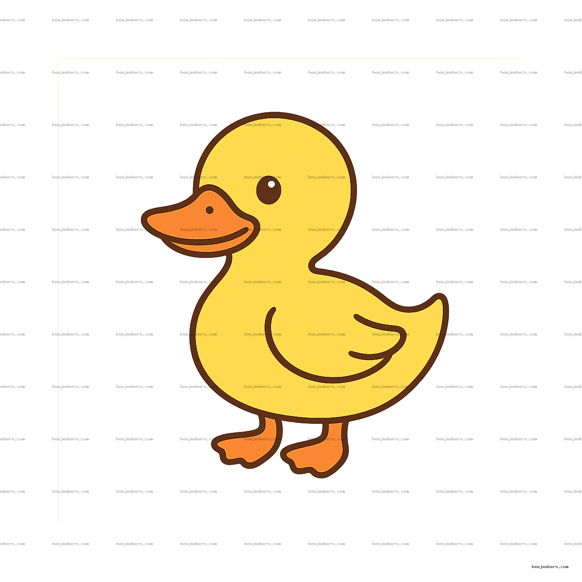 Cute yellow cartoon duck with orange beak and feet in clean vector style on transparent background