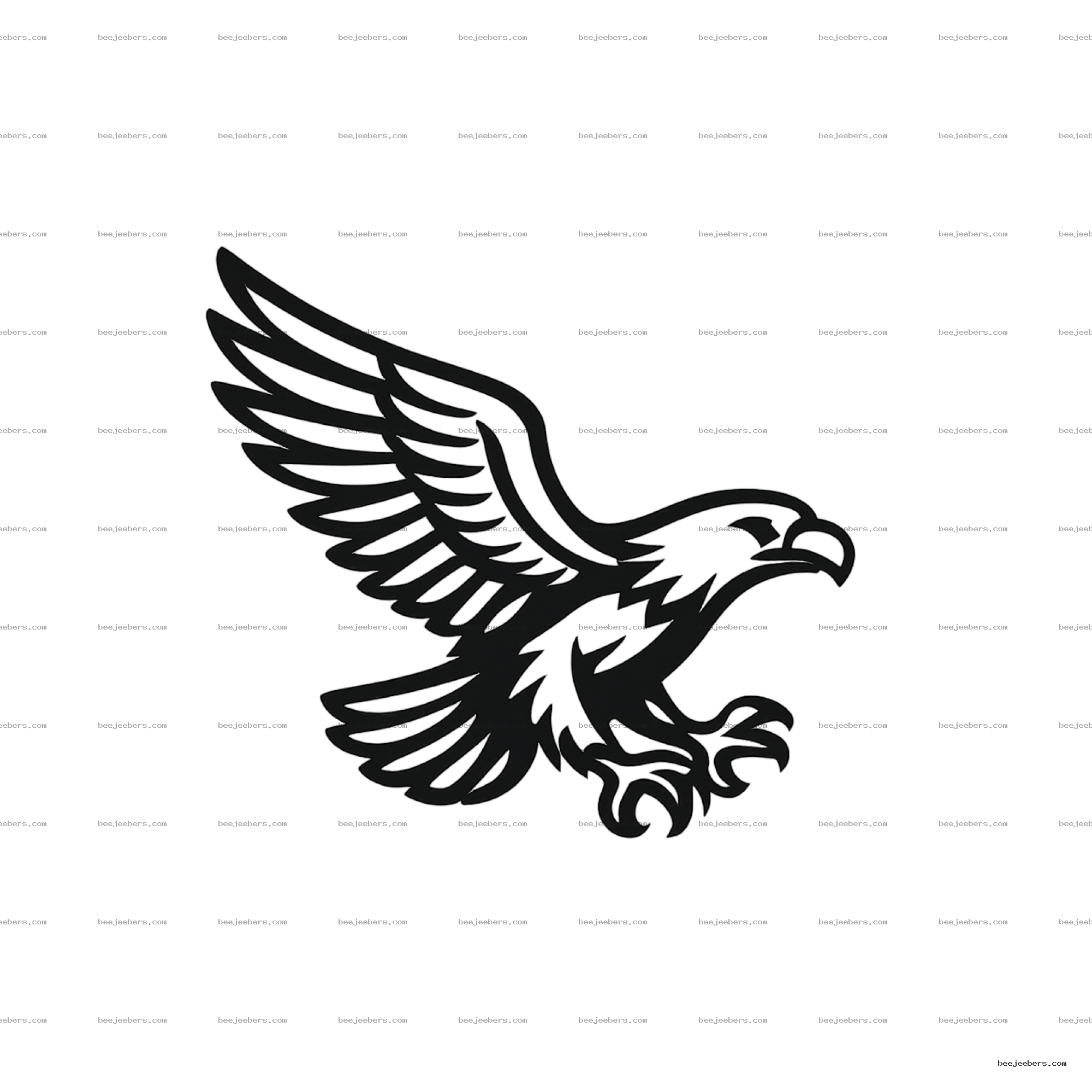 Black and white clean vector eagle PNG with wings spread and claws extended on transparent background