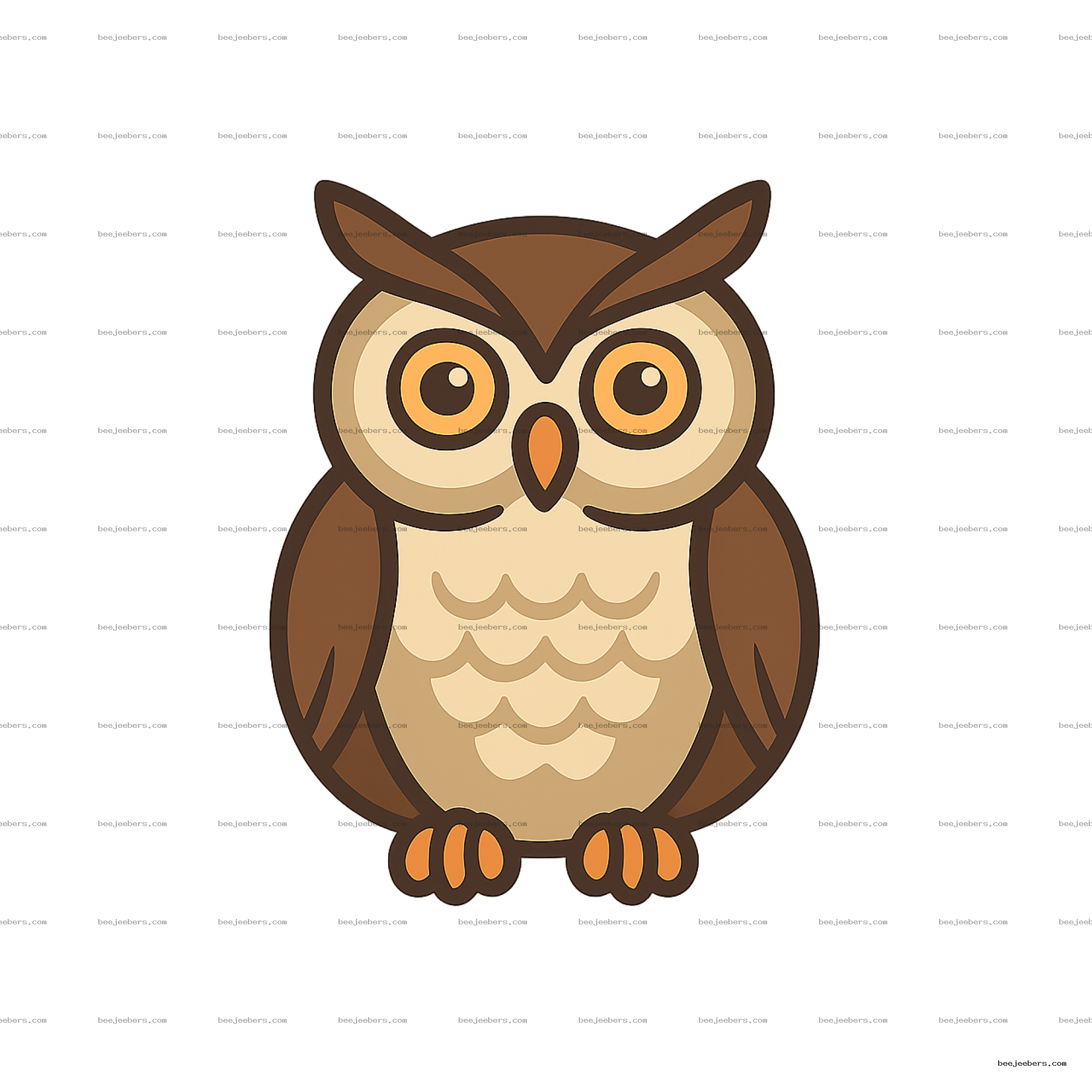 Cute clean vector illustration of a brown and beige owl with large yellow eyes on transparent background