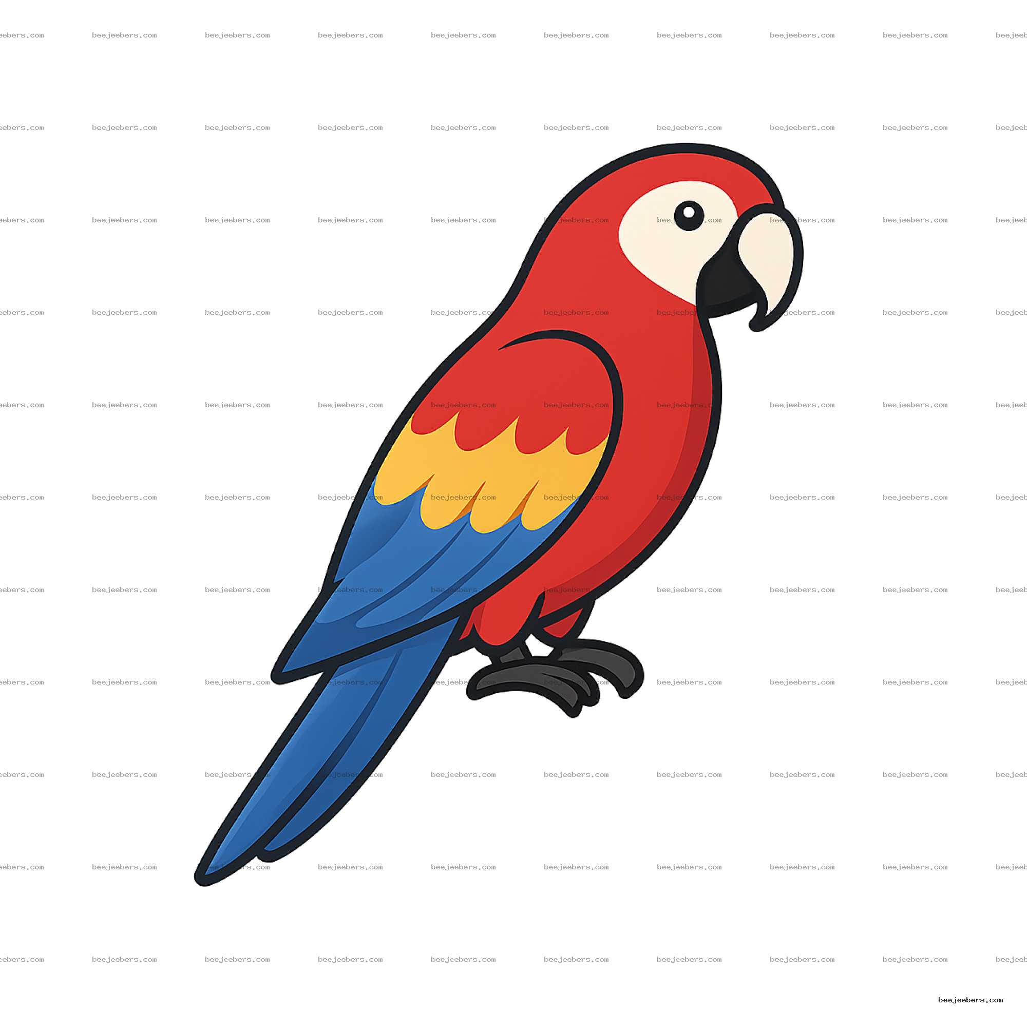 Colorful parrot bird vector illustration with red, yellow, and blue feathers on transparent background