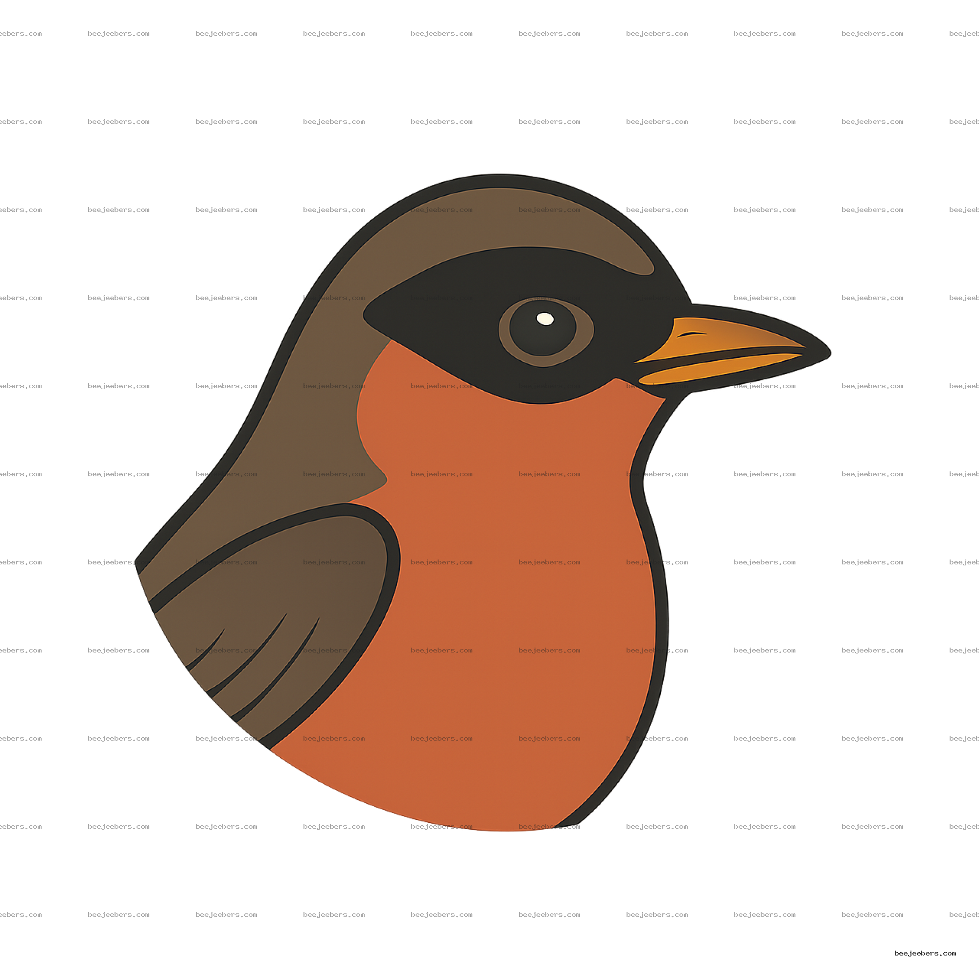 Clean vector robin bird head with black face mask, brown and orange feathers, and transparent background