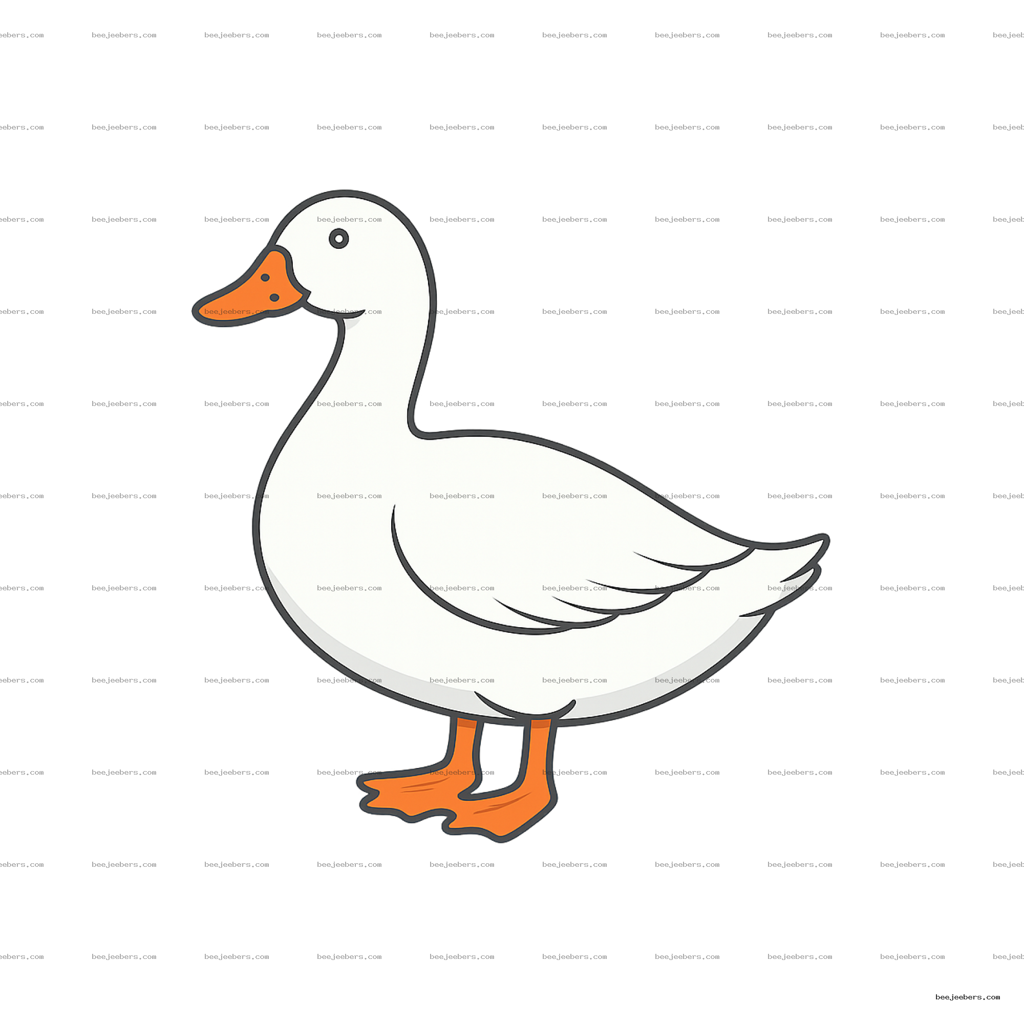 Clean vector illustration of a white duck with orange beak and feet on transparent background