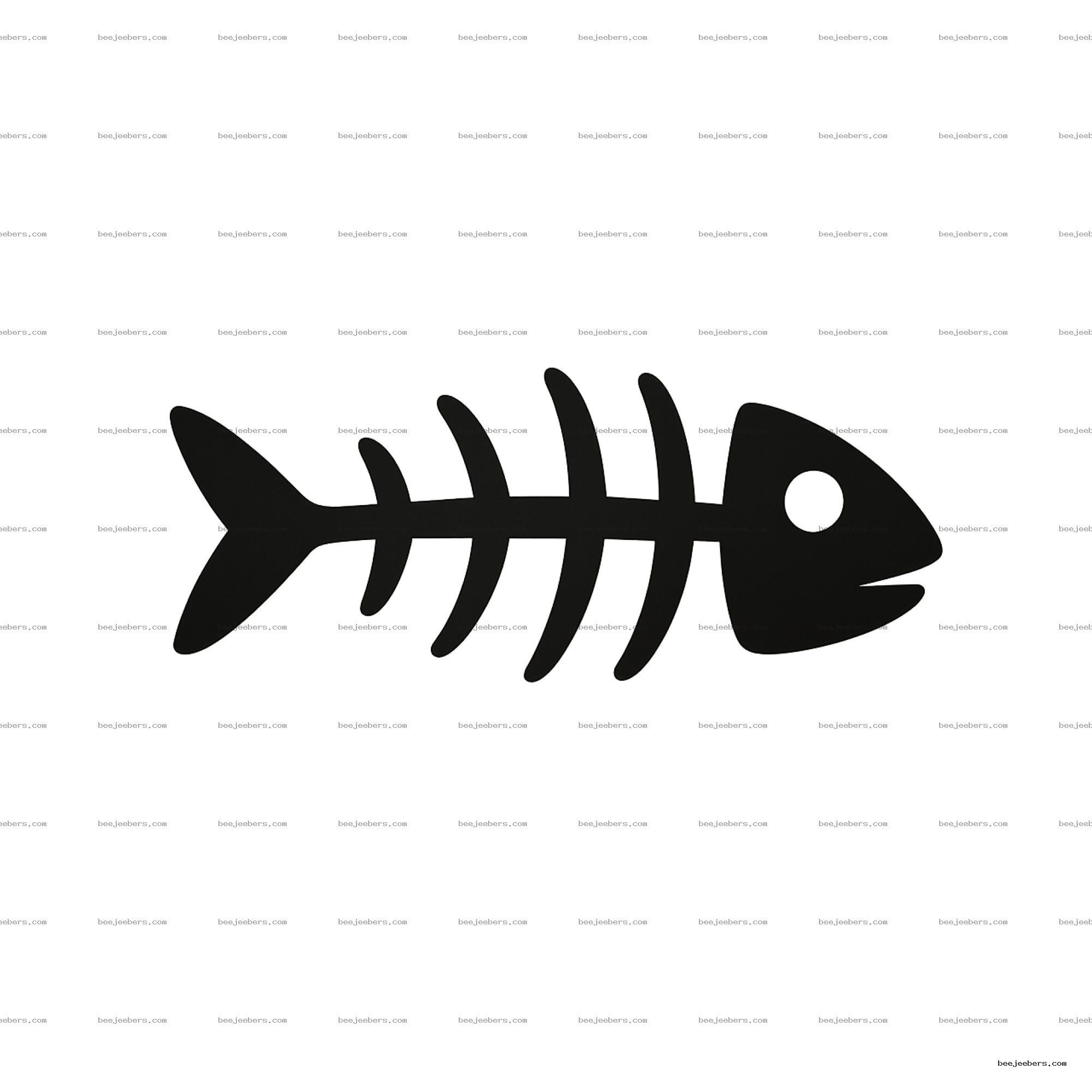 Black fish bone silhouette with tail and ribs on transparent background