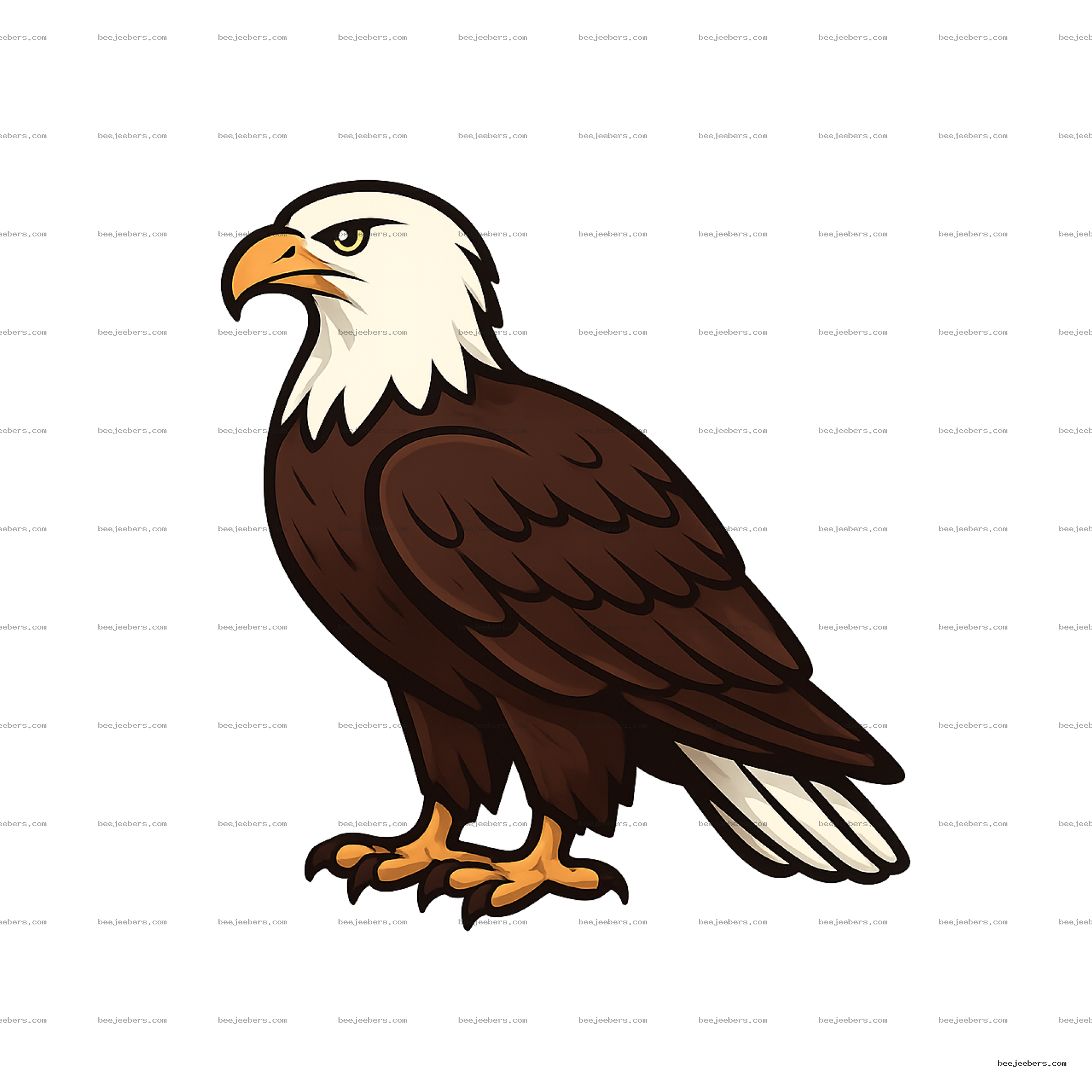 Clean vector illustration of a bald eagle with white head, brown body and yellow beak on transparent background