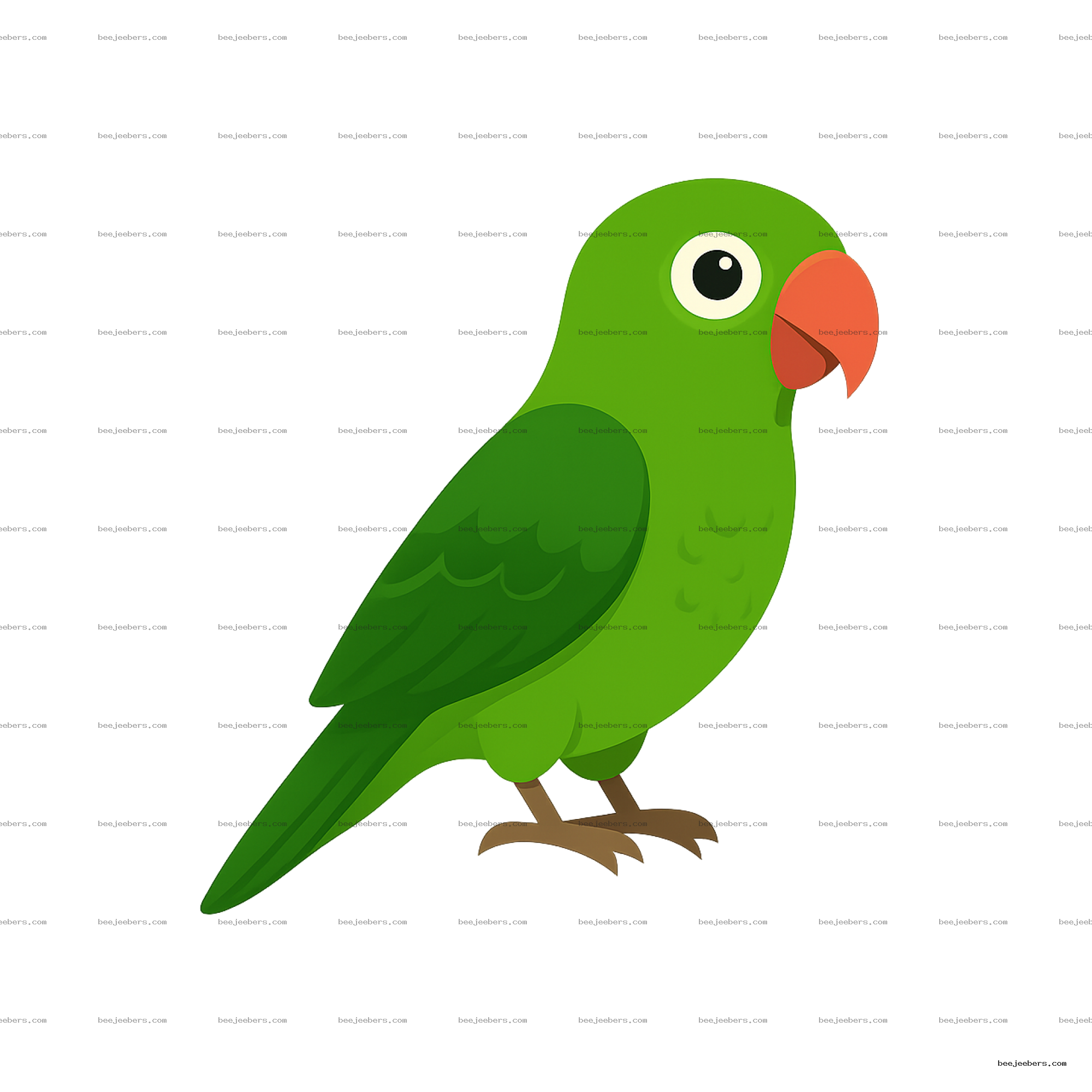 Clean vector illustration of a green parrot with orange beak on transparent background