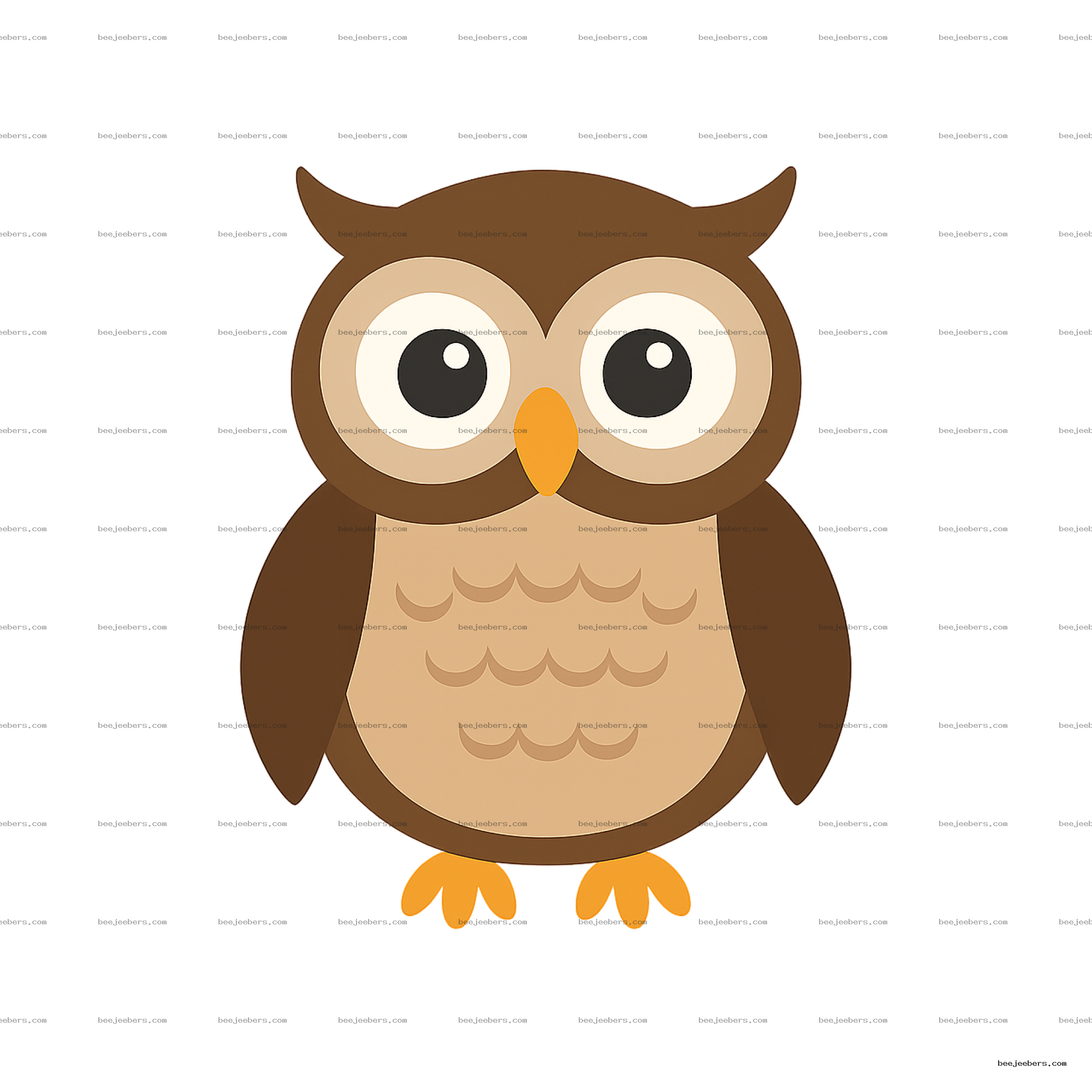 Simple vector owl clipart with large eyes and brown beige colors on transparent background