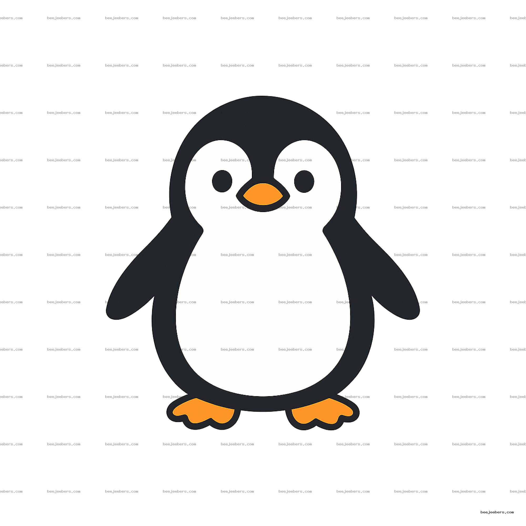 Cute clean vector penguin clipart PNG with transparent background showing black and white body and orange beak and feet